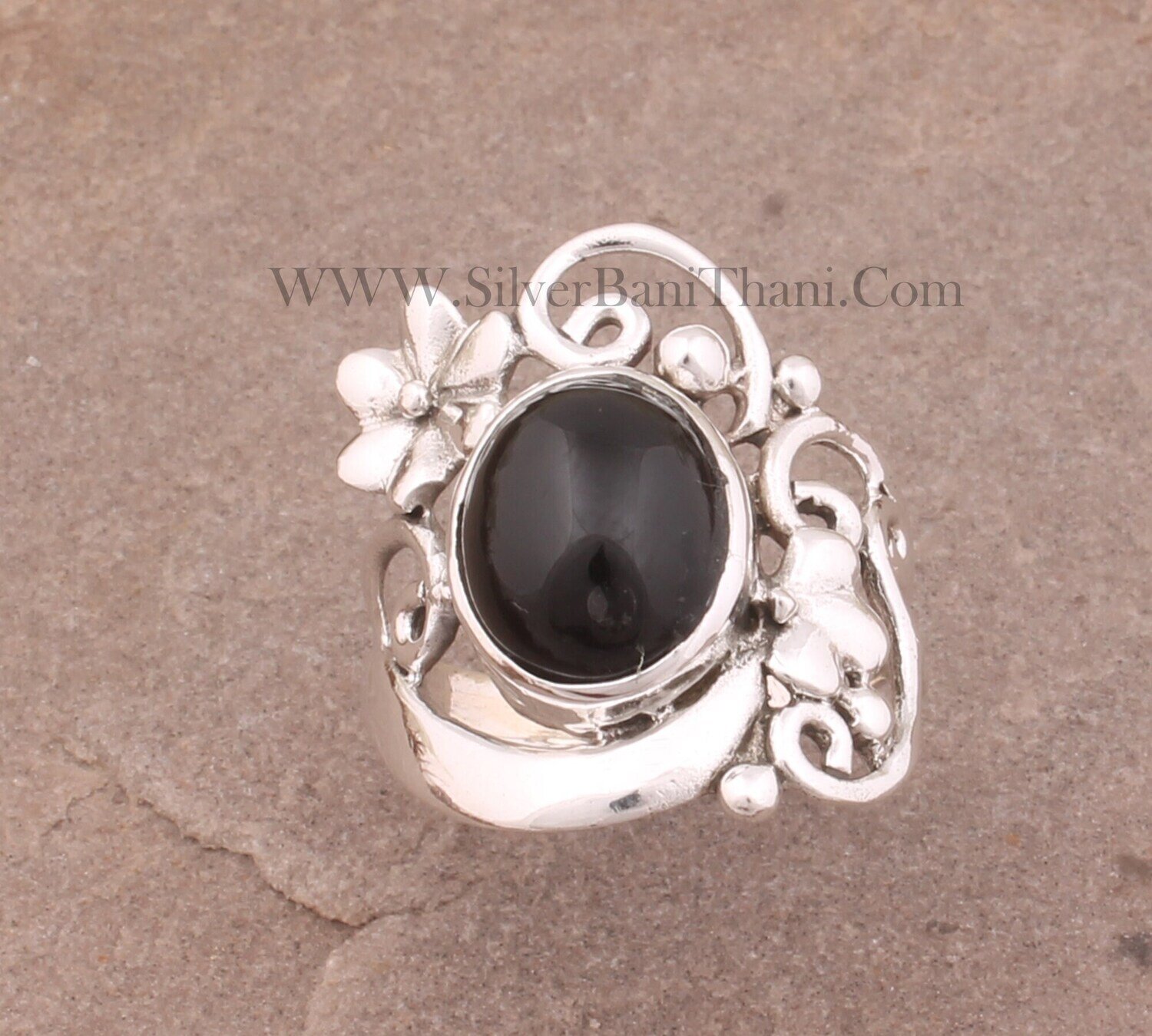 Black Onyx Silver Ring | 925 Sterling Solid Silver Ring | Smooth Oval Shape Gemstone Ring | Hand Carved Flower Silver Ring For Women