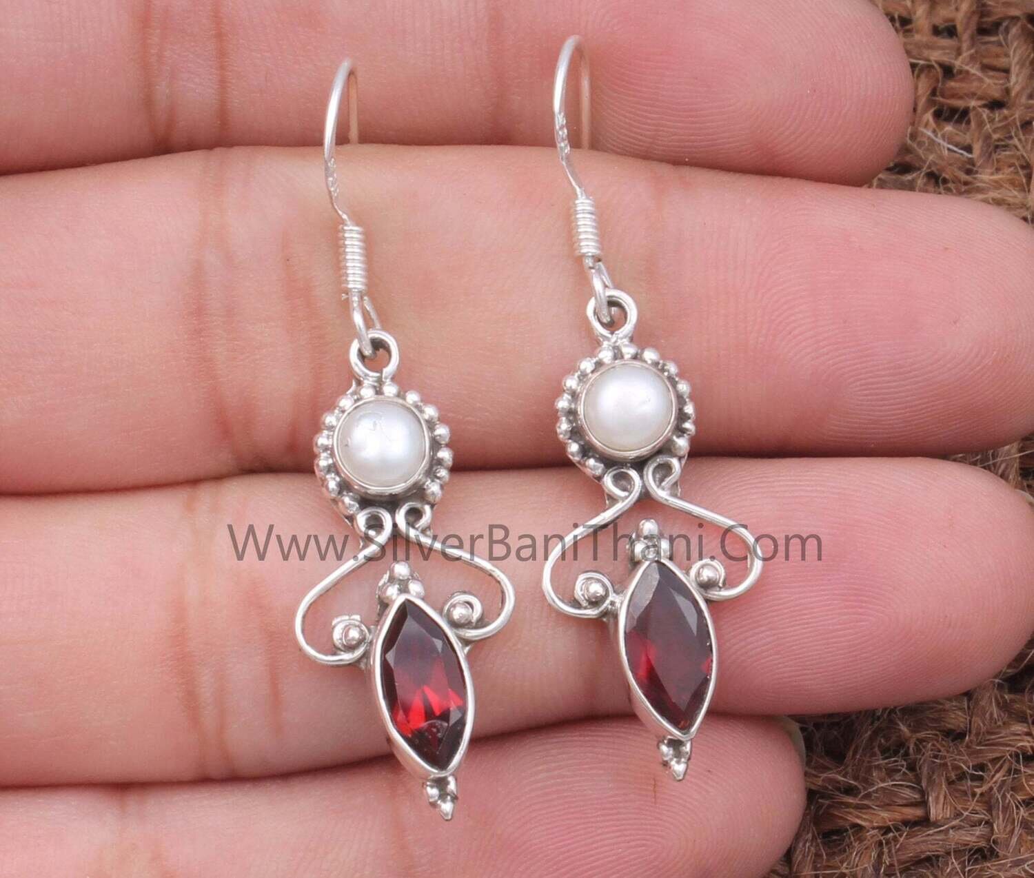 Red Garnet &amp; Pearl Silver Earrings | 925 Sterling Solid Silver Earrings | Designer Two Gemstone Silver Earrings | Christmas Gift For Women