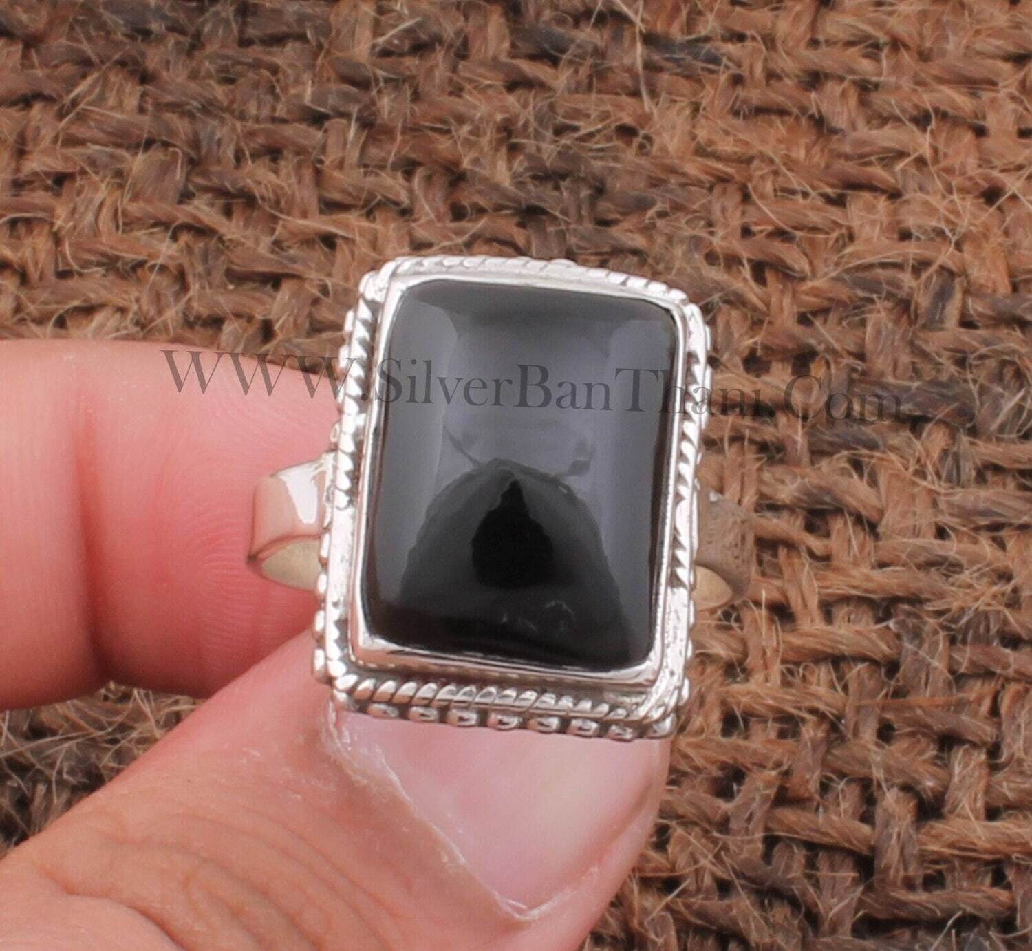 Black Onyx Silver Ring | 925 Sterling Solid Silver Ring | Lucifer Elongated Cushion Gemstone Ring | Everyday Jewelry Present For Her