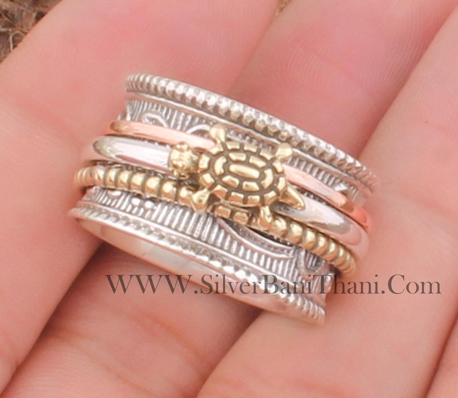 Turtle Three Wire Solid 925 Sterling Silver Band Spinner Ring For Women Turtle Spinner Ring Handmade Three Tone Fidget Boho Worry Jewelry