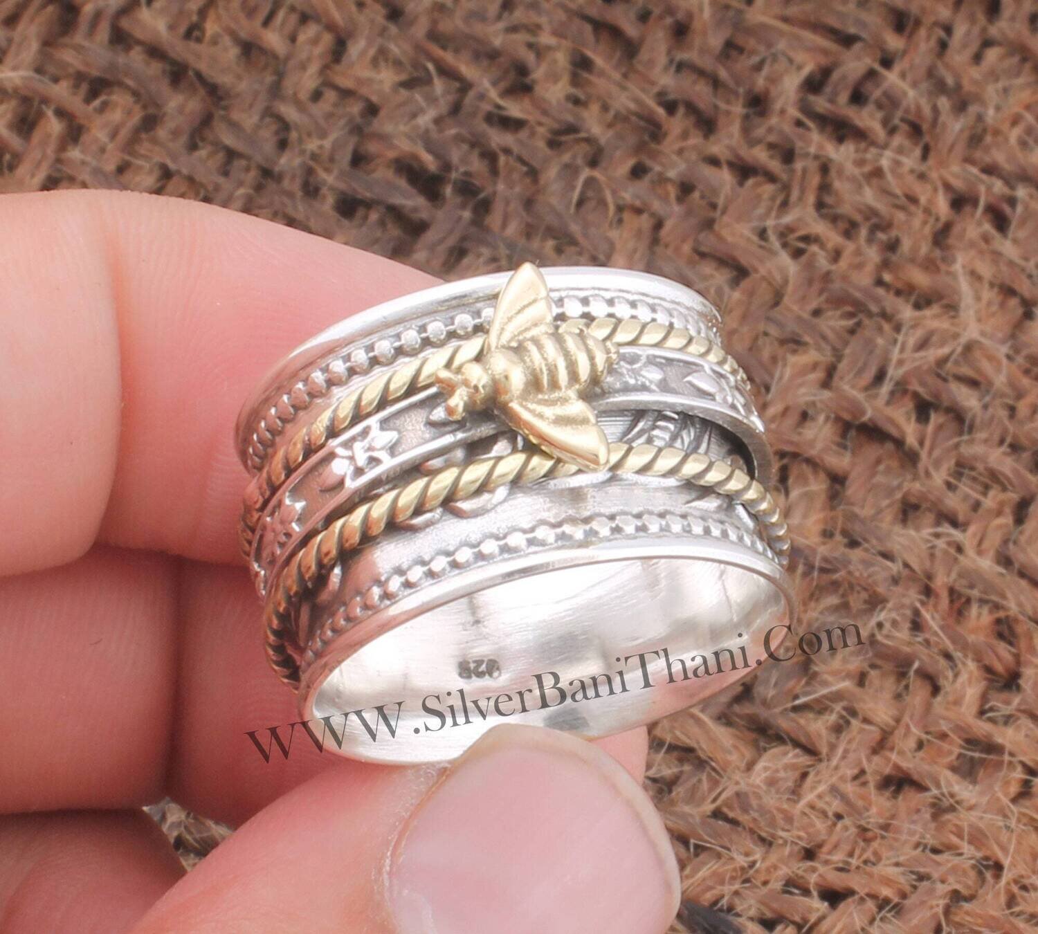 Honey Bee Silver Solid Spinner Ring Twisted Wire Solid 925 Sterling Silver Band Ring Women Jewelry Ring Two Tone Band Ring For Women Gift