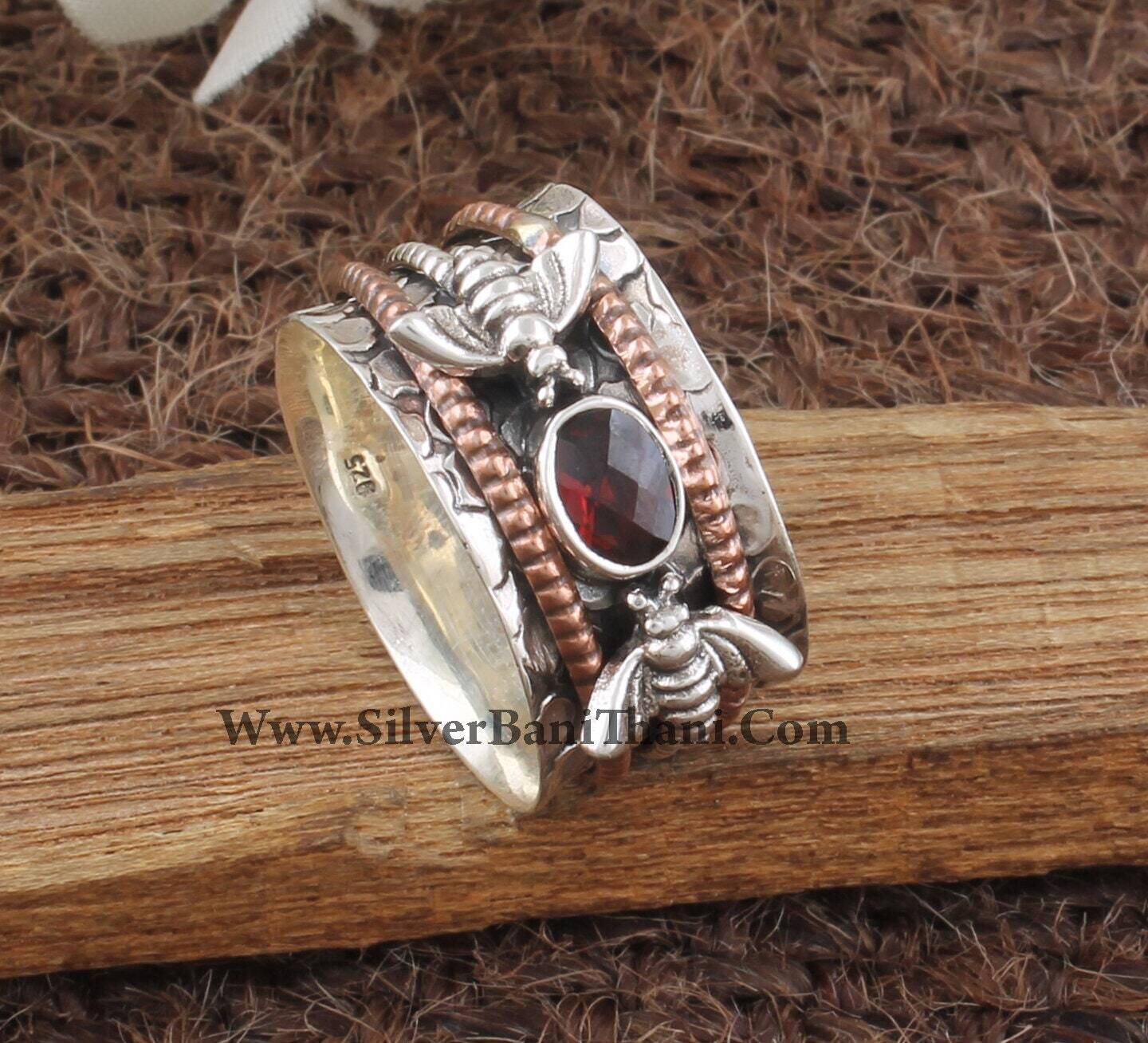 Natural Red Garnet Gemstone Silver Spinner Ring | 925 Sterling Silver Faceted Cut Spin Ring | Designer Hand Carved Two Honey Bee Silver Ring