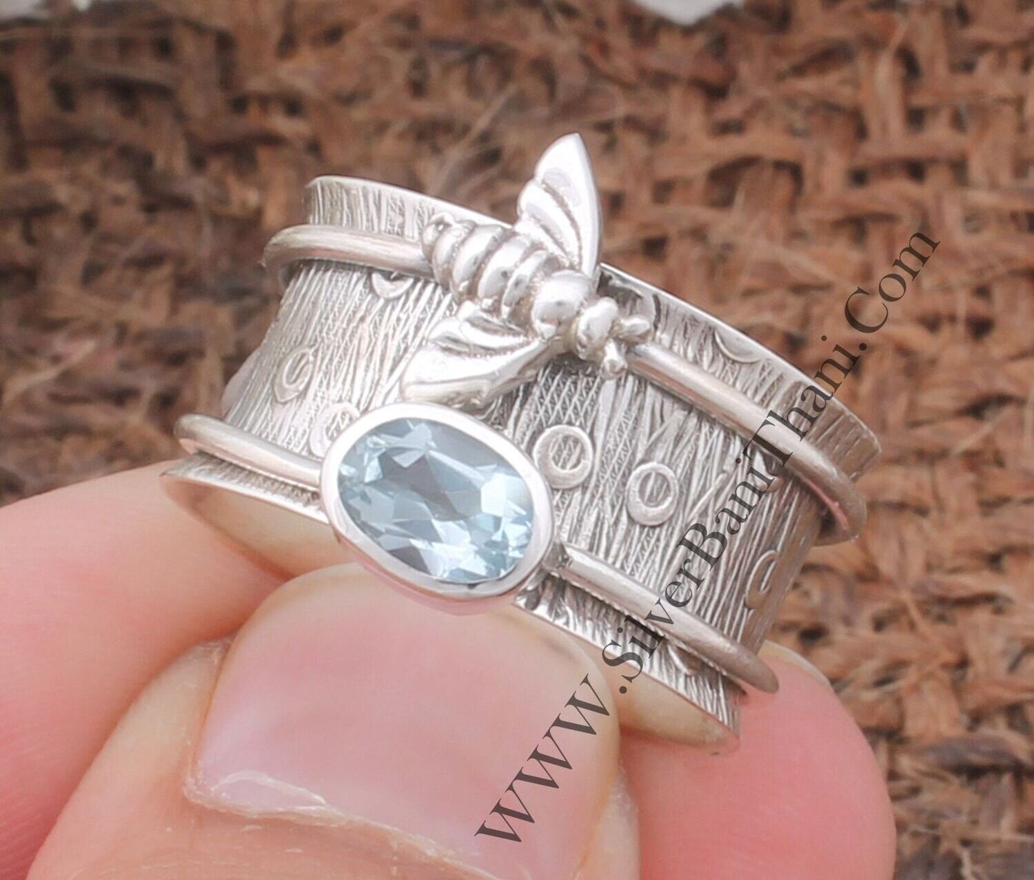 Blue Topaz Silver Spinner Ring 925 Sterling Silver Faceted Cut Topaz Spinner Ring Textured Design Hand Carved Honey Bee Silver Ring Gift