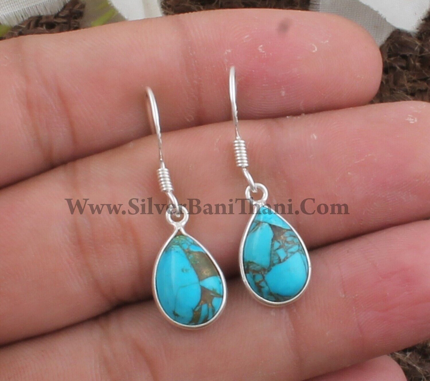 Blue Copper Turquoise Gemstone Silver Earrings | 925 Sterling Silver Earrings | Bezel Set Pear Shape Stone Earrings | Handmade Jewelry Gift