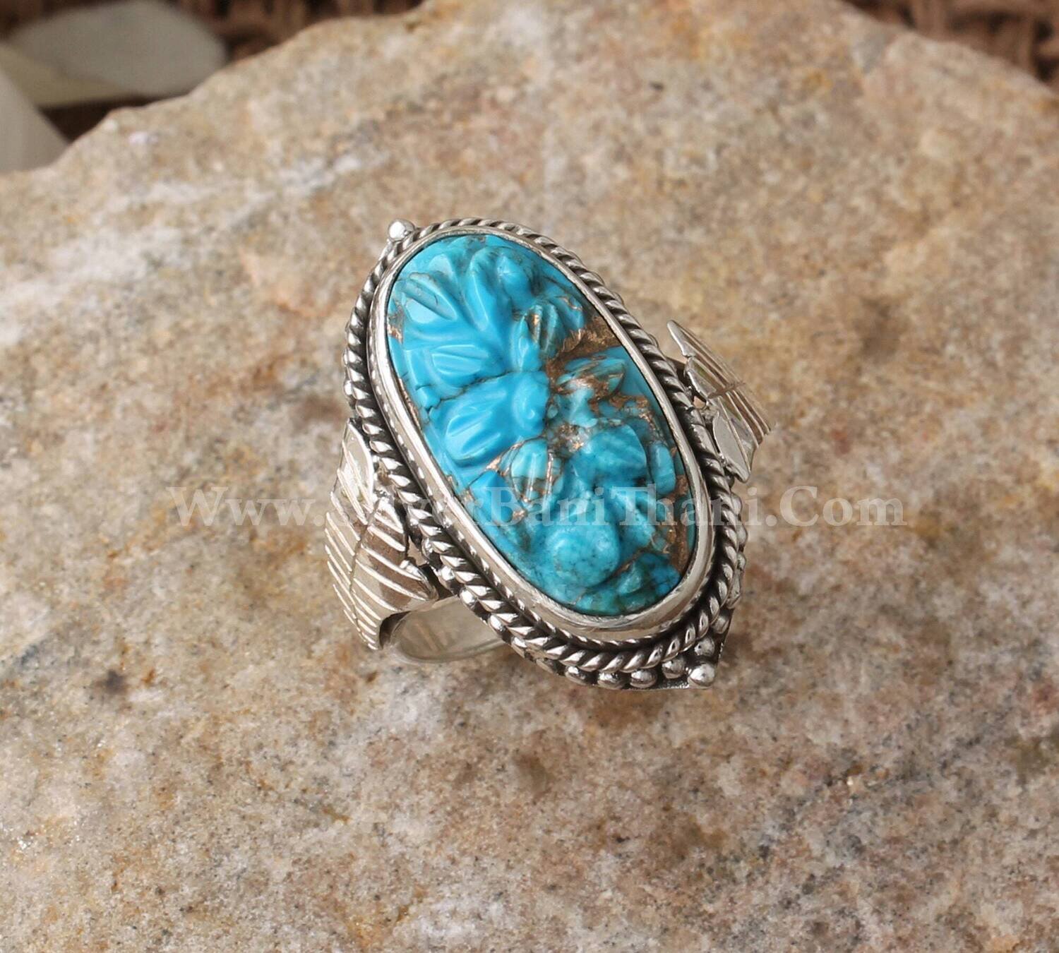 Blue Copper Turquoise Oval Shape Stone Silver Ring | 925 Sterling Solid Carved Flower Silver Ring | Handmade Mughal Carving Ring Gift Idea
