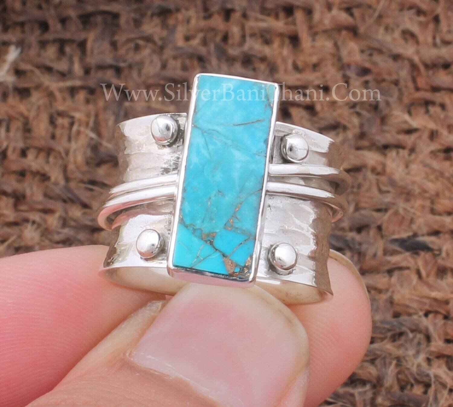 Blue Copper Turquoise Rectangle Bar Gemstone Silver Spinner Ring 925 Sterling Silver Smooth Fidget Ring Boho Worry Silver Spinner Ring Gift