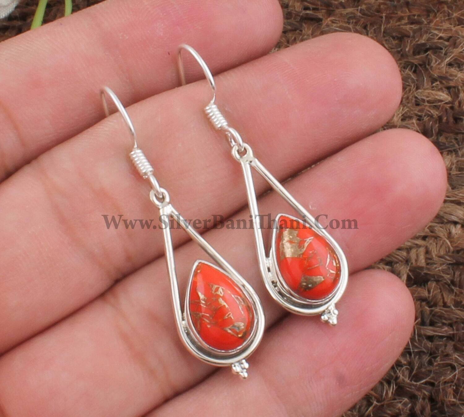 Red Copper Turquoise Silver Earrings | 925 Sterling Solid Silver Smooth Pear Gemstone Earrings | Pear Shape Gemstone Earrings | Gift For Her