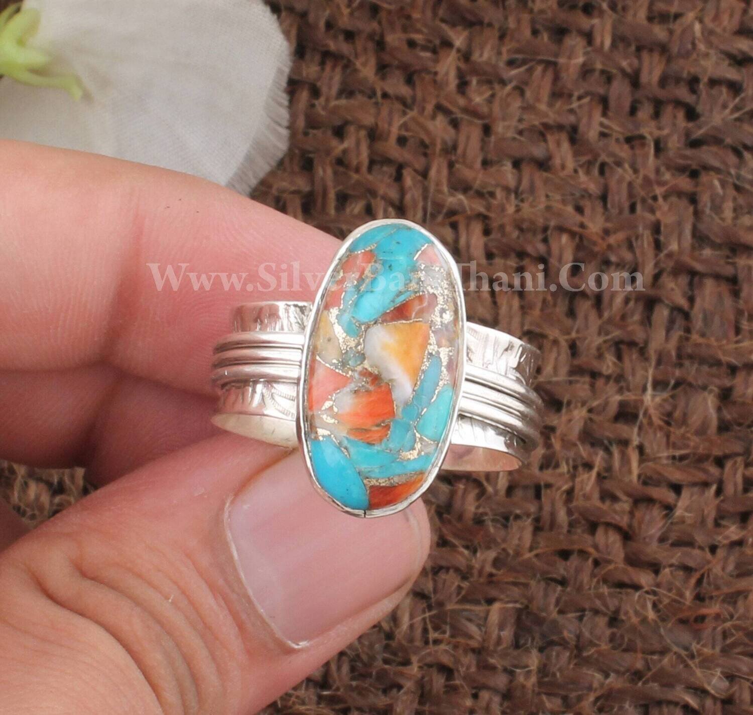 Oyster Copper Turquoise Spinner Ring | 925 Sterling Silver Spin Ring | Designer Handmade Carved Silver Meditation Ring | Women Ring