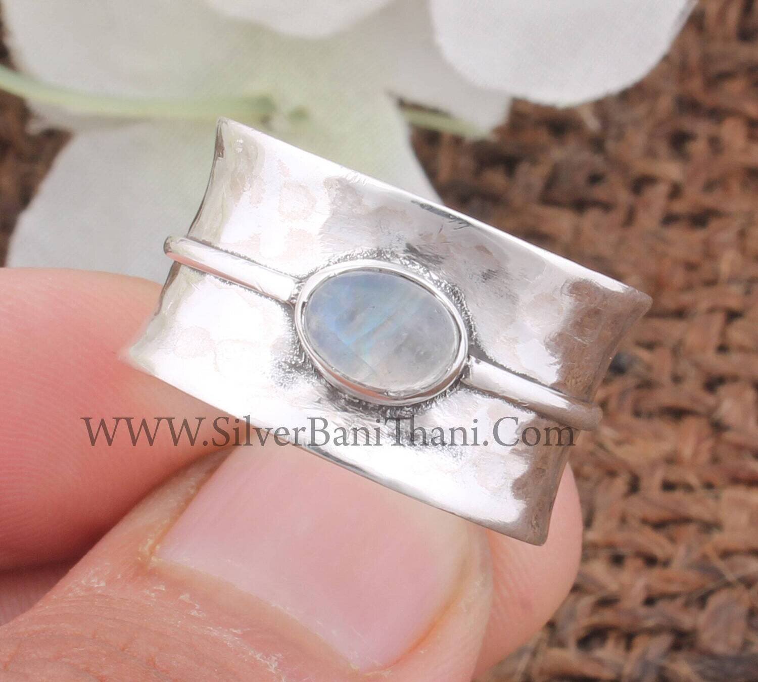 Rainbow Moonstone Wide Hammered Band Solid 925 Sterling Silver Spinner Ring For Women Handmade Twisted Anxiety Rings For Anniversary