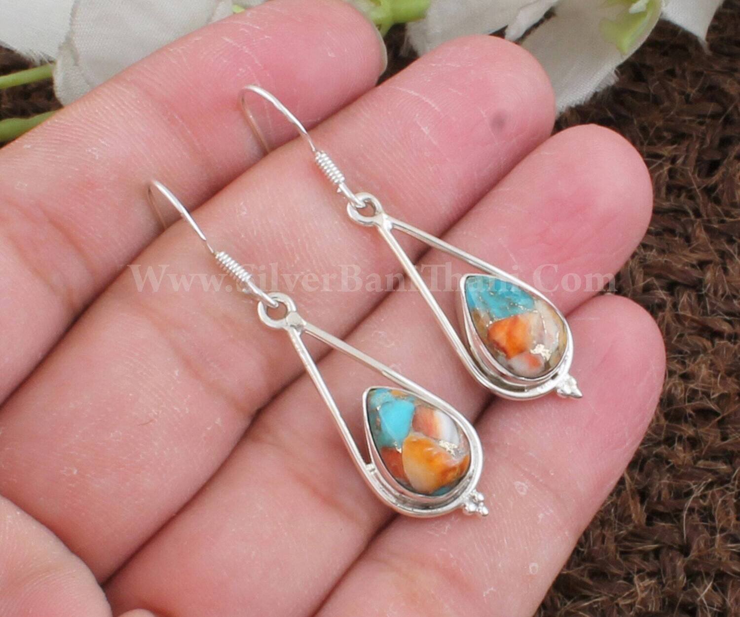 Oyster Copper Turquoise Silver Earrings | 925 Sterling Solid Silver Earrings | Designer Pear Gemstone Earrings | Handmade Women Earring Gift