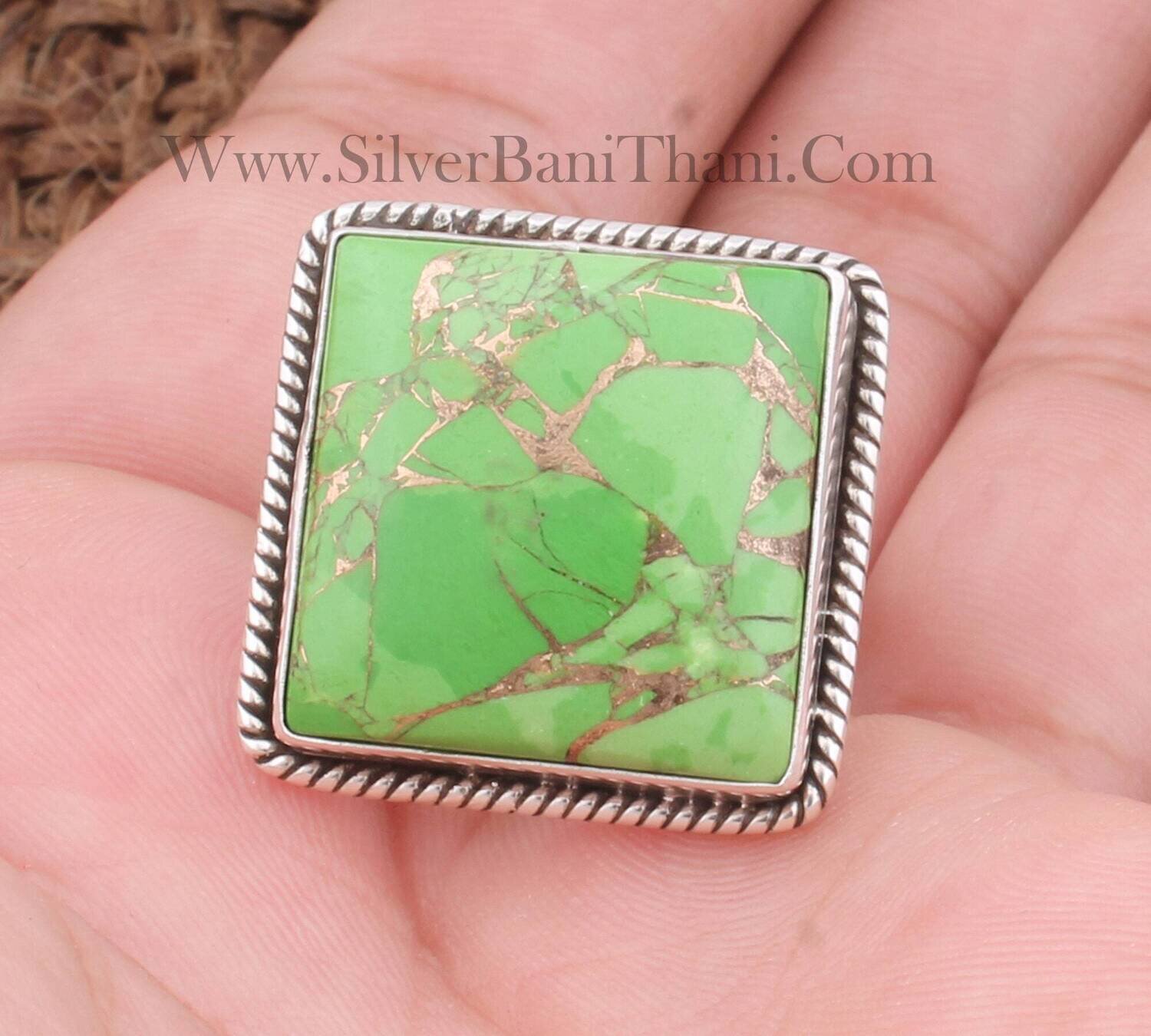 Green Copper Turquoise Squire Shape Stone Silver Ring 925 Sterling Solid Silver Ring - Flower Band Twisted Wire Handmade Silver Jewelry For Women Weddings Gifts Her