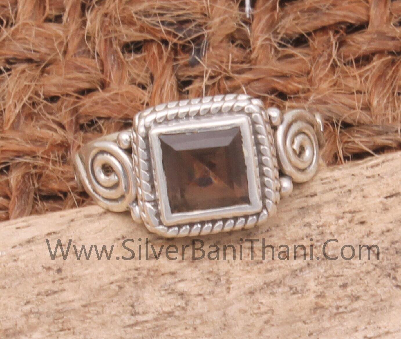 Smoky Quartz Squire Shape Gemstone Ring | 925 Sterling Silver Faceted Cut Stone Ring | Designer Handmade Wedding Jewelry For Women