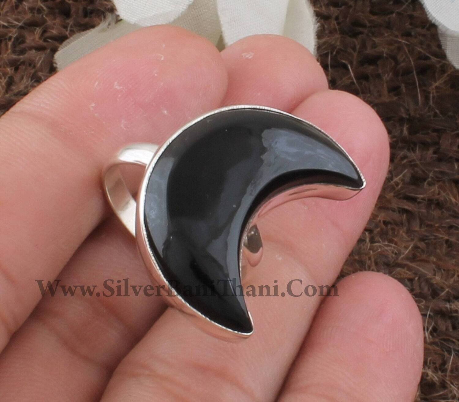 Natural Black Onyx Gemstone Silver Ring | 925 Sterling Silver Smooth Gemstone Ring | Handmade Crescent Moon Shape Ring | Mother's Day Gift