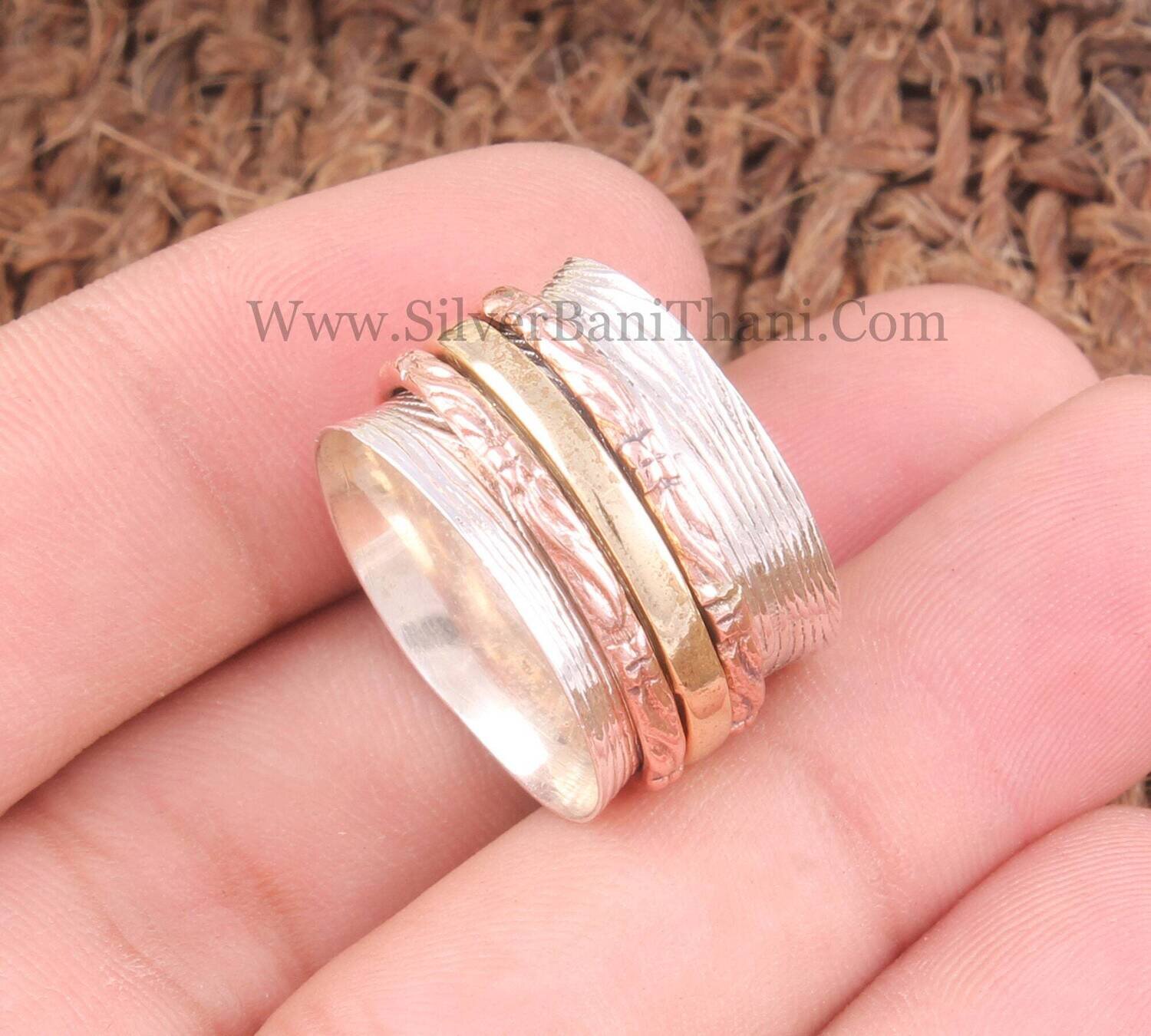Solid 925 Sterling Silver Designer Textured Band Spinner Ring For Women | Handmade Three Tone Fidget Anxiety Ring For Anniversary Gifts Idea