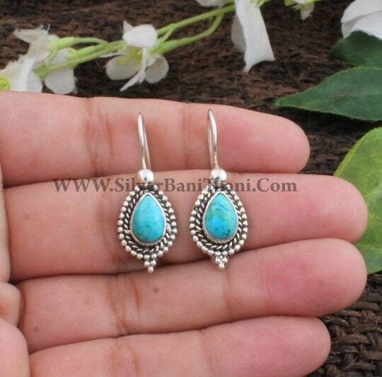 Sleeping Beauty Turquoise Earring-Pear Design Silver Earring-Cabochon Earring-Dangle Earring-Blue Stone Earring-Adorable Jewelry-Anxiety-Anniversary-Gift