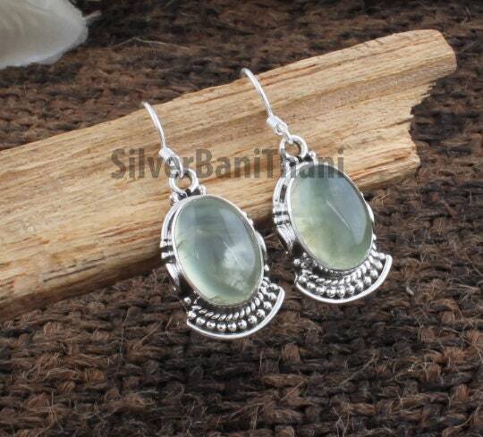 Natural Prehnite Gemstone Silver Earrings - 925 Sterling Silver Oval Shape Stone Earring - Designer Handmade Earring - Valentine's Day Gift