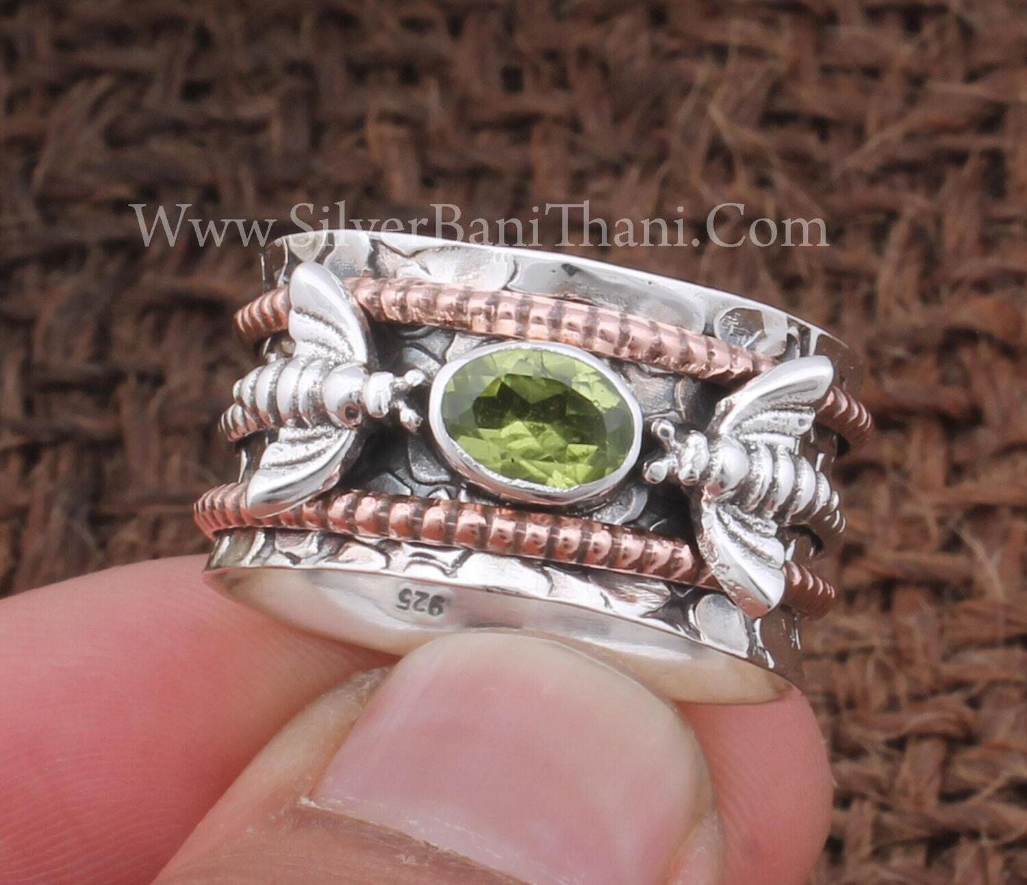 Peridot Silver Spinner Ring 925 Sterling Silver &amp; Brass Faceted Cut Peridot Spinner Ring Hand Carved Honey Bee Silver Ring Gift Fidget Ring