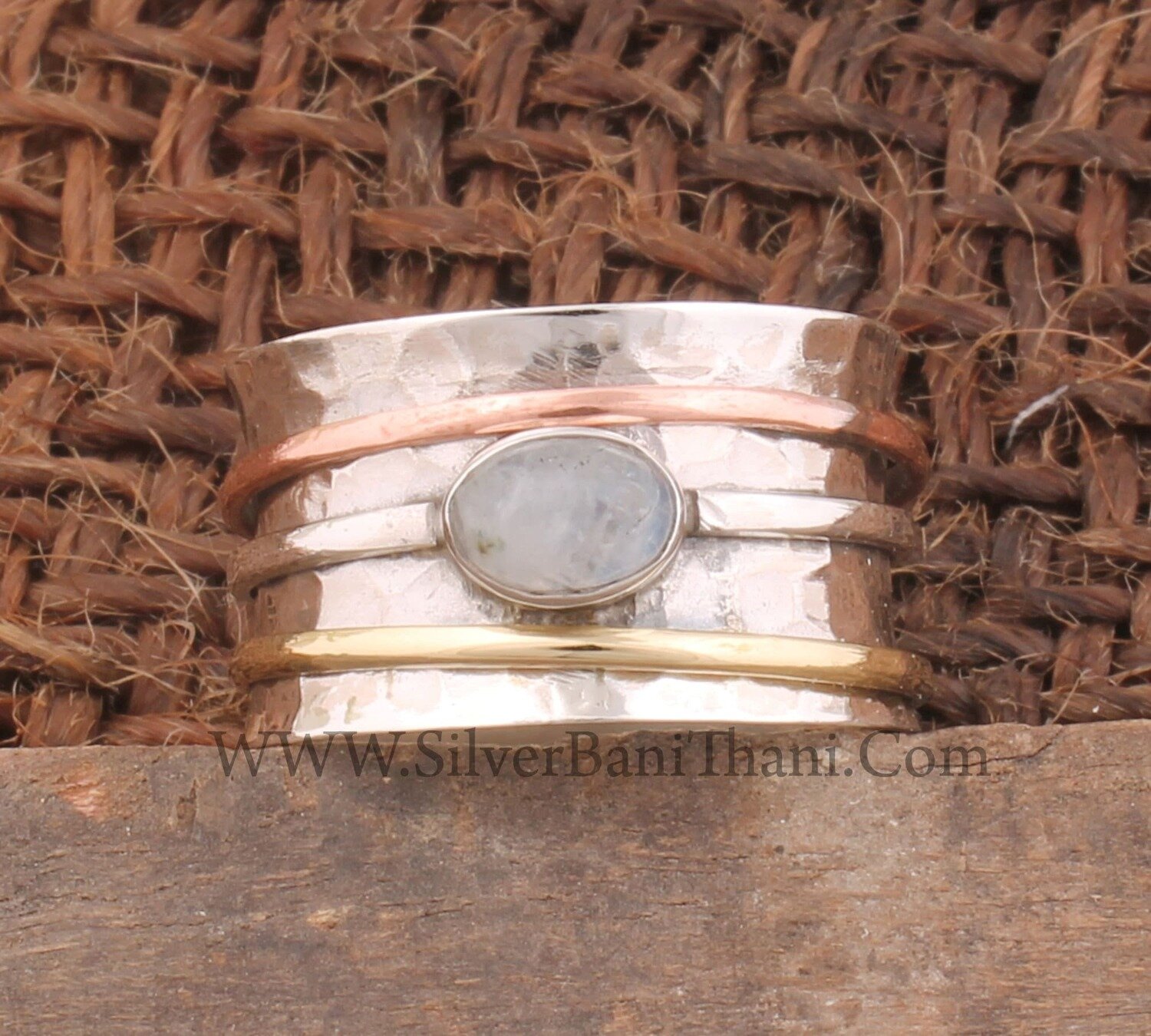 Rainbow Moonstone Spinner Ring, Sterling Silver Ring Women, Meditation Fidget Ring, Wide Band Three Tone Ring, Worry Hammered Ring