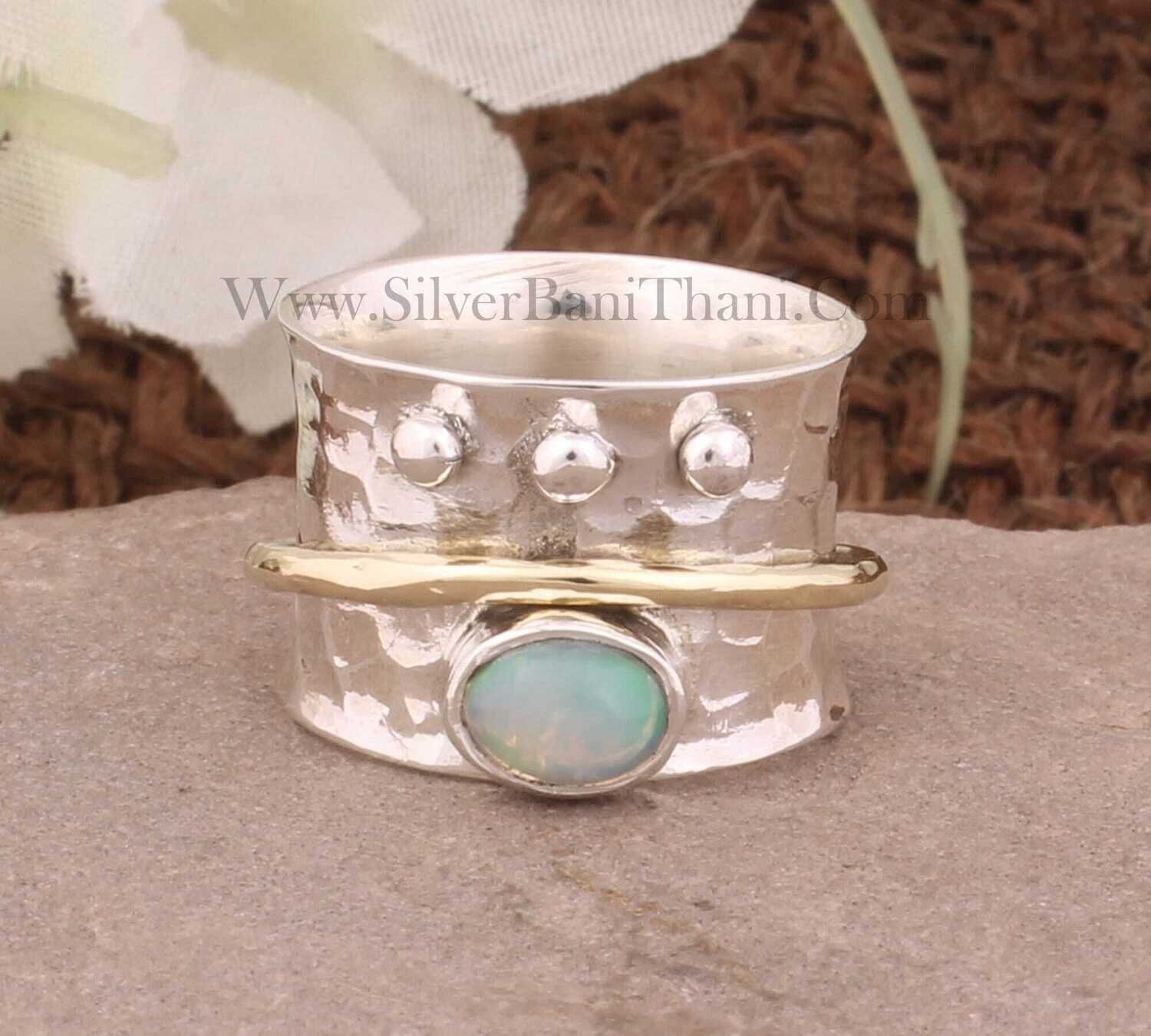 Opal Ring Hammered Band Solid 925 Sterling Silver Spinner Ring For Women Handmade Twisted Anxiety Rings For Anniversary2022Etsy#Mother's Day