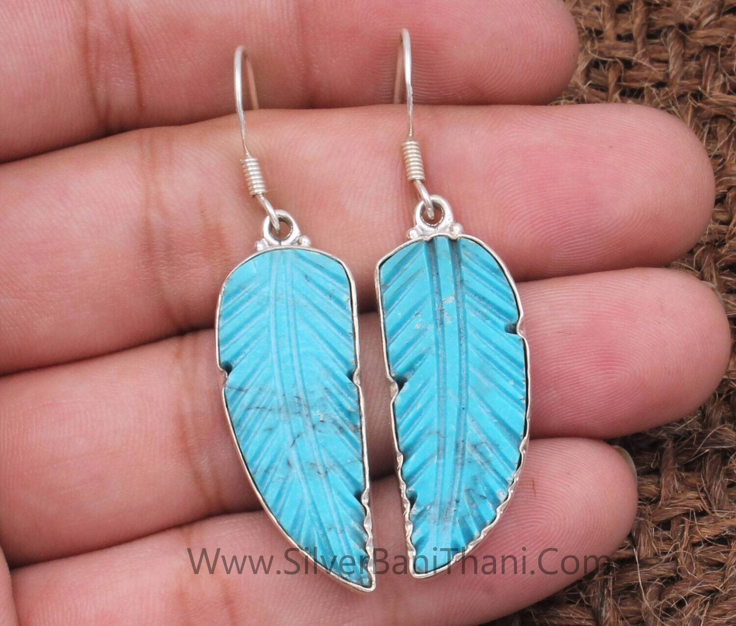 Engraved Turquoise Long Fancy Stone Solid 925 Sterling Silver Earring For Women | Handmade Feather Leaf Solid Silver Earring For Anniversary