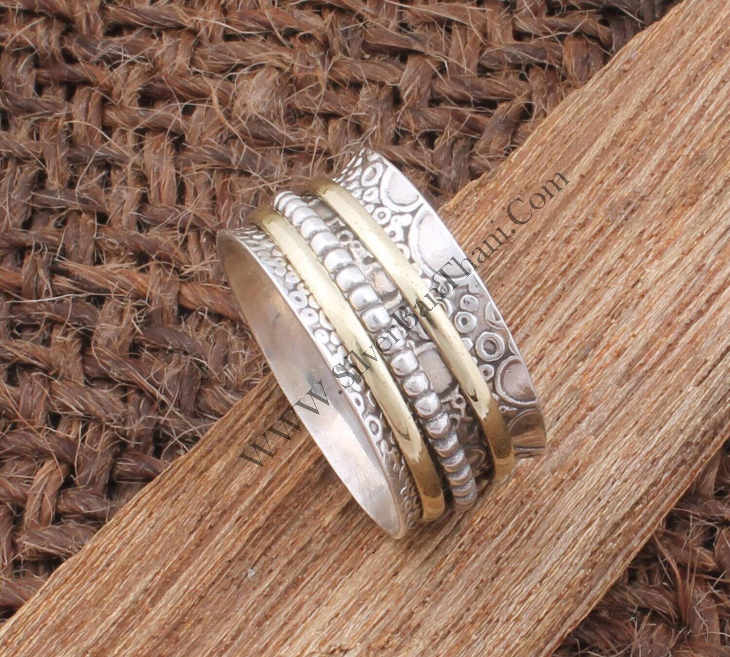 Solid 925 Sterling Silver Hammered Band Spinner Ring For Women | Handmade Two Tone Three Fidget Anxiety Rings Meditation Ring Gifts For Her
