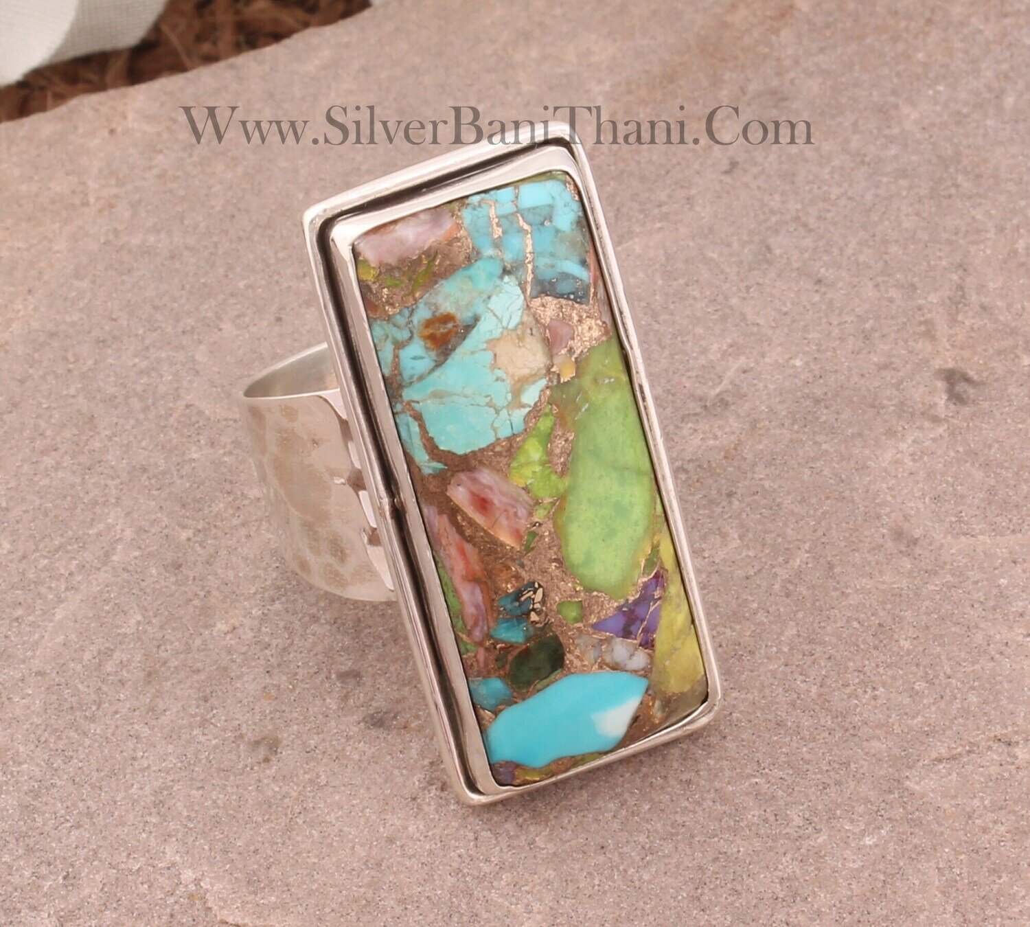 Mix Spiny Copper Turquoise Rectangle Shape Gemstone Silver Ring | 925 Sterling Solid Silver Ring | Handmade Wedding Jewelry For Women Gift