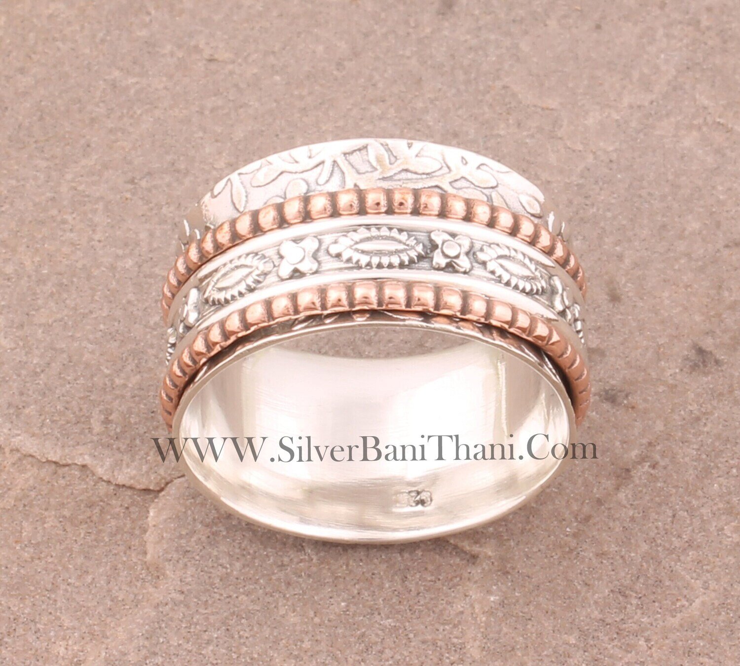 Hand Carved Band Two Tone Spinner Ring 925 Sterling Silver &amp; Brass Boho Worry Ring Hand Carved Flower Ring Present For Women Thumb Ring Gift