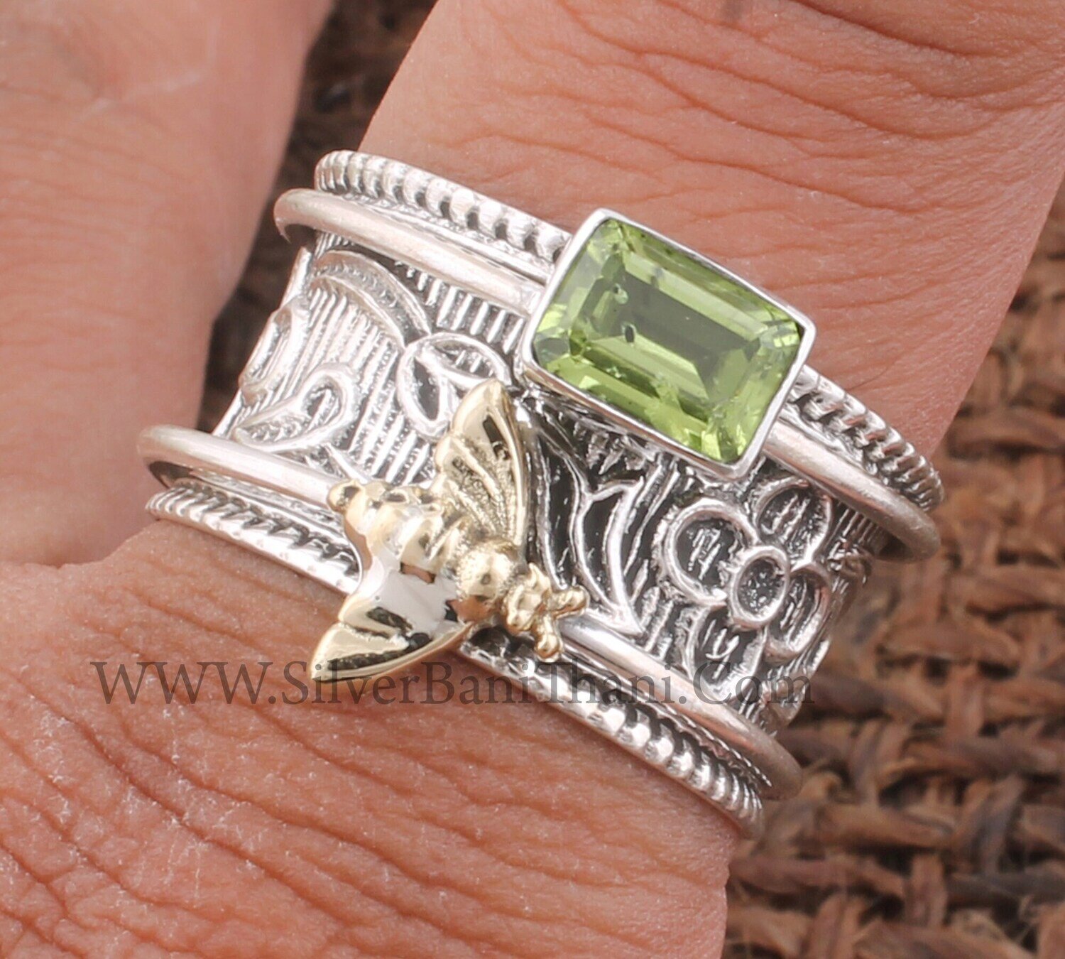 Amazing Natural Peridot Silver Spinner Ring | 925 Sterling Silver & Brass Faceted Cut Peridot Spinner Band Ring | Hand Carved Honey Bee Silver Ring Gifts For Her