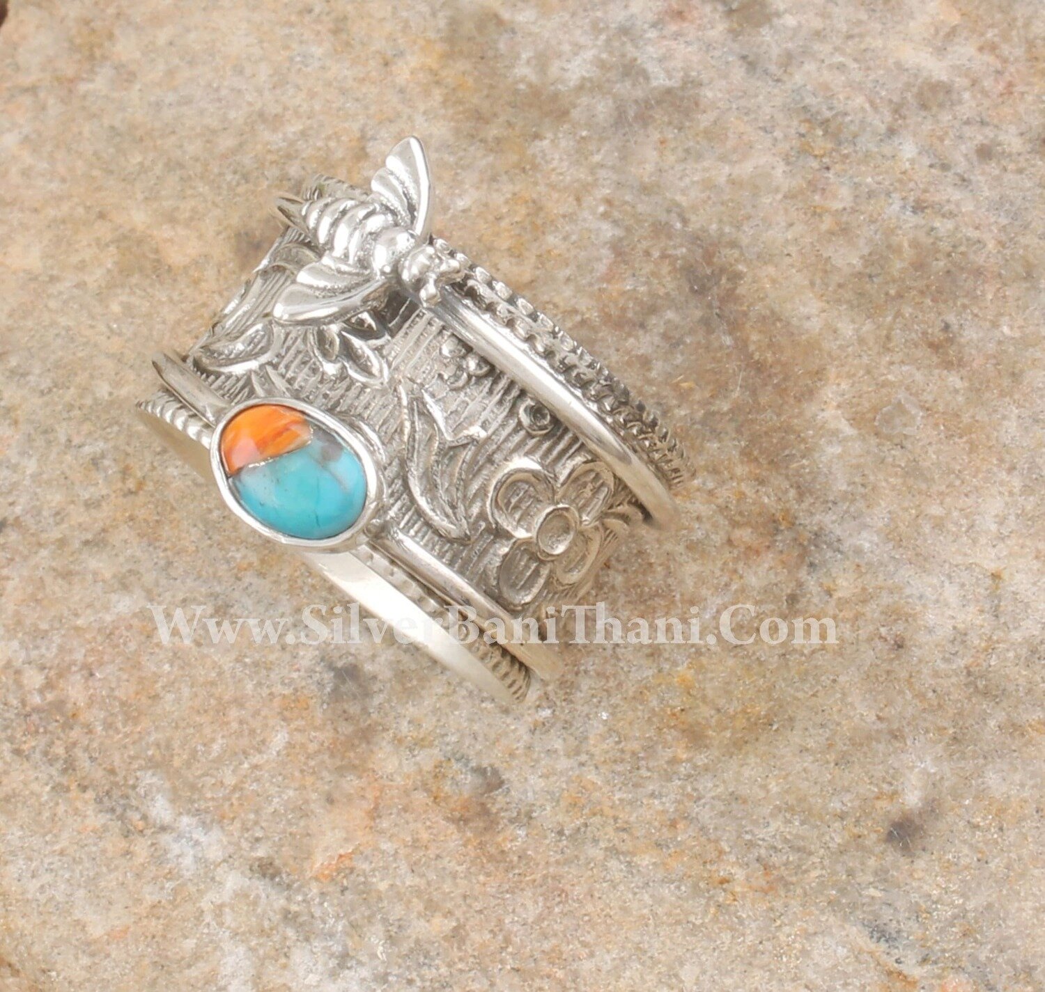 Oyster Copper Turquoise Silver Spinner Ring | 925 Sterling Silver Oval Spinner Ring | Designer Hand Carved Honey Bee Silver Ring Gift Idea
