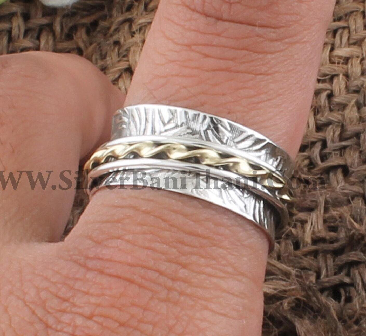 925 Sterling Silver & Brass Carved Spinner Ring | Designer Handmade Meditation Ring | Bridal Wedding Jewelry | Present For Her | Thumb Ring