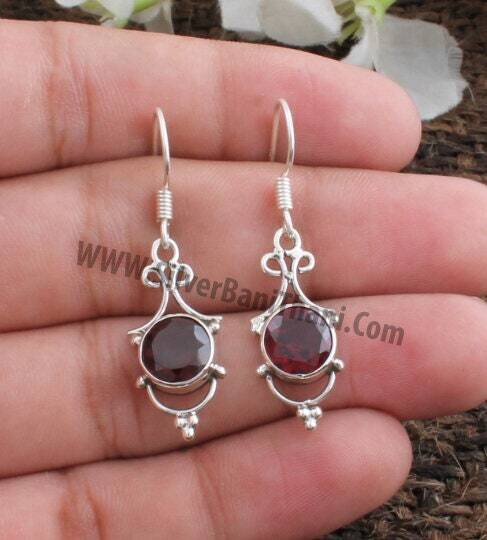 Red Garnet Earring - Designer Silver Earring - Semi Precious Cut Stone Earring - Solid Silver Earring - Modern - Anniversary - Rustic2022