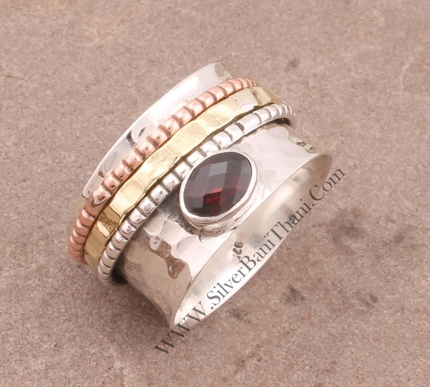 Red Garnet Gemstone Silver Spinner Ring 925 Sterling Silver Faceted Gemstone Ring Three Tone Spinner Ring Wide Band Ring For Women Jewelry