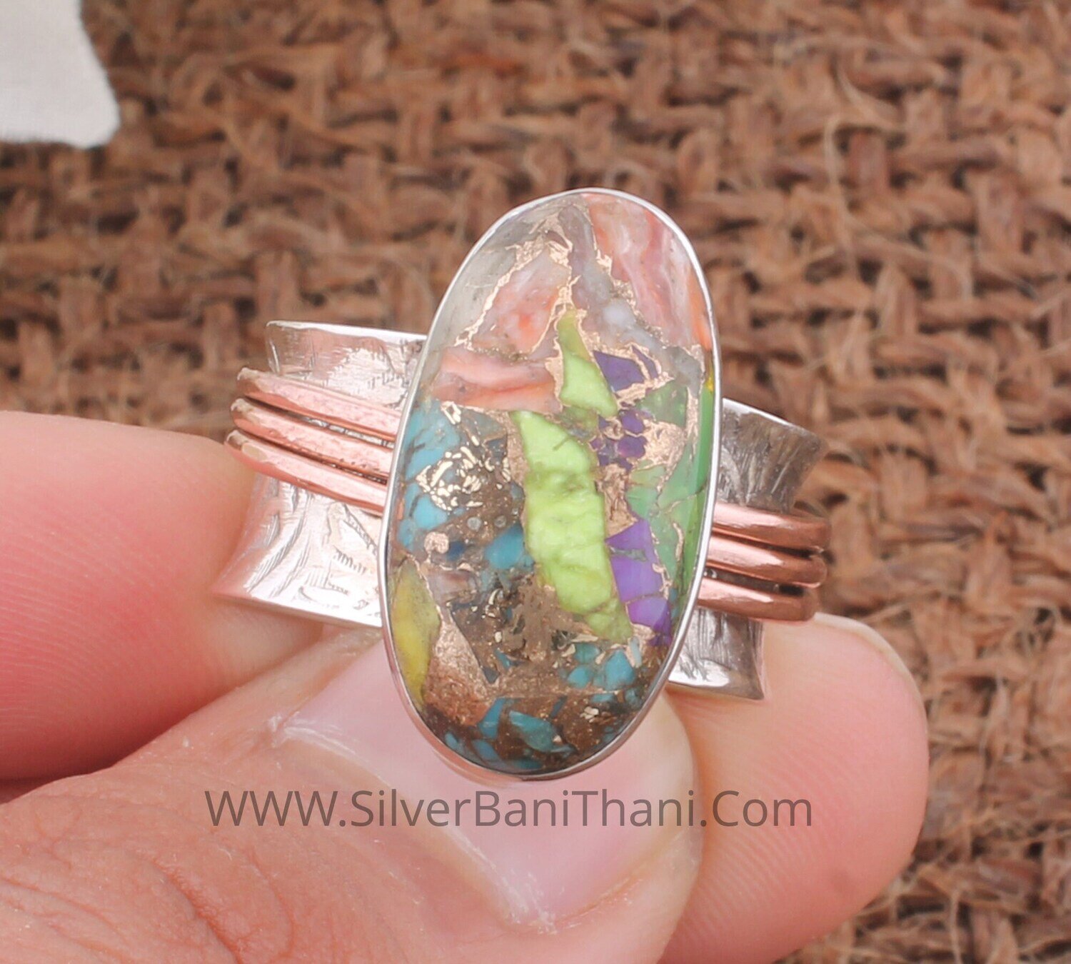Mix Copper Turquoise Gemstone Spinner Ring | 925 Sterling Silver &amp; Brass Handmade Rose Gold Wire Meditation Ring Fidget Ring Boho Worry Ring