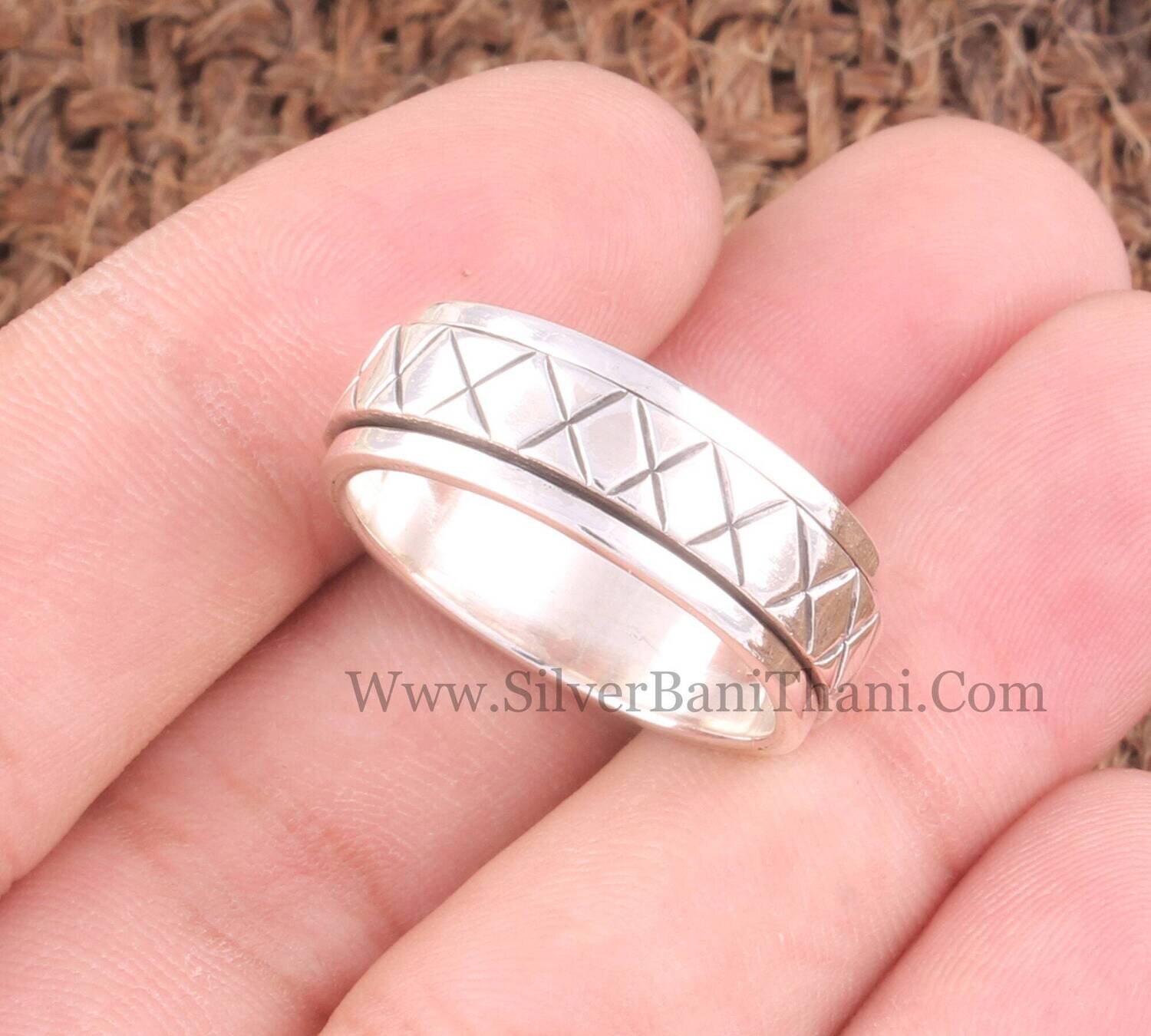 Engraved X Crosses Solid 925 Sterling Silver Band Spinner Ring For Women | Handmade Textured Fidget Anxiety Rings For Anniversary Gifts Idea