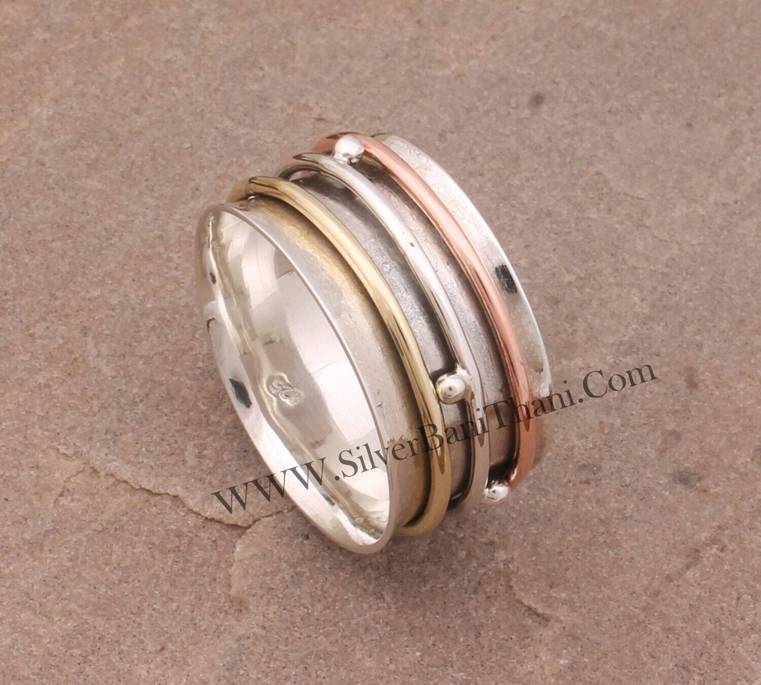 Silver Dotted Solid 925 Sterling Silver Band Spin Ring For Women Handmade Three Tone Fidget Anxiety Ring Meditation Ring Women Jewelry Gift