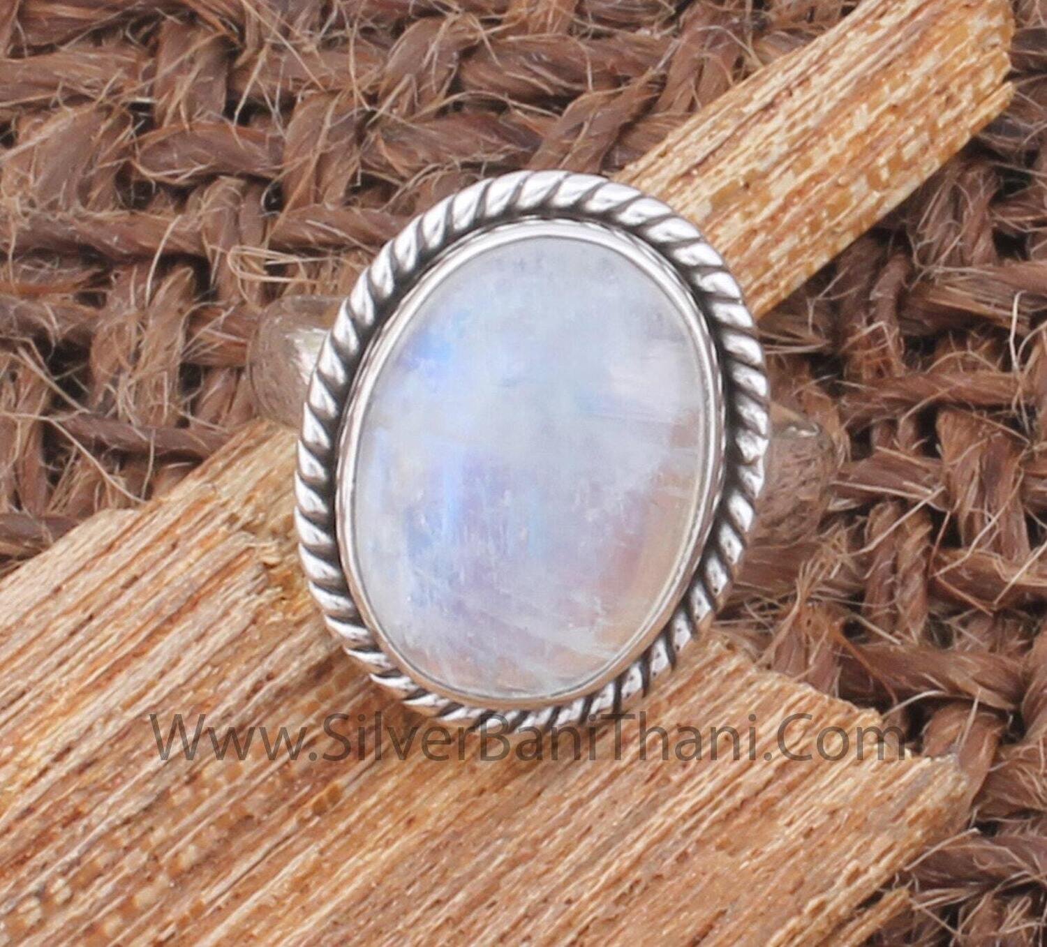 Rainbow Moonstone Oval Shape Gemstone Silver Ring | 925 Sterling Solid Boho Silver Ring | Handmade Silver Jewelry | Christmas Gift For Women
