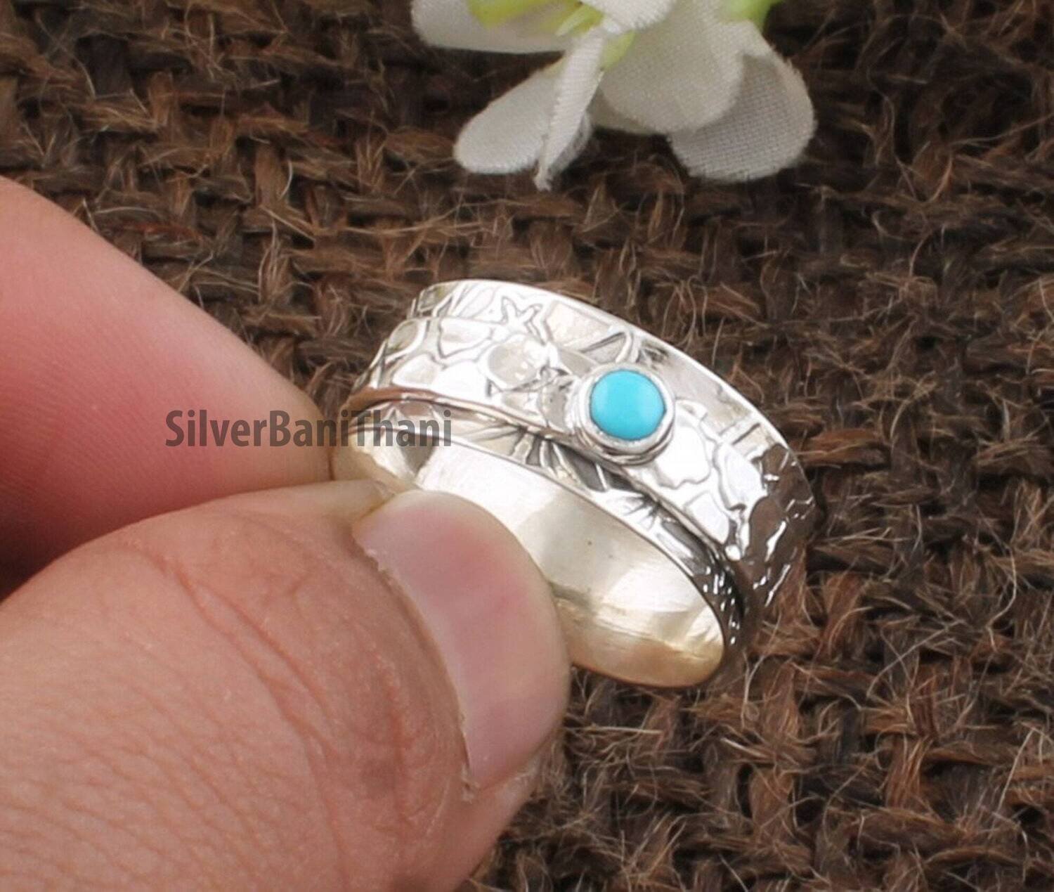 Designer Carved Silver Turquoise Spinner Ring | 925 Sterling Silver Handmade Gemstone Meditation Ring | Women Jewelry | Valentine's Day Gift