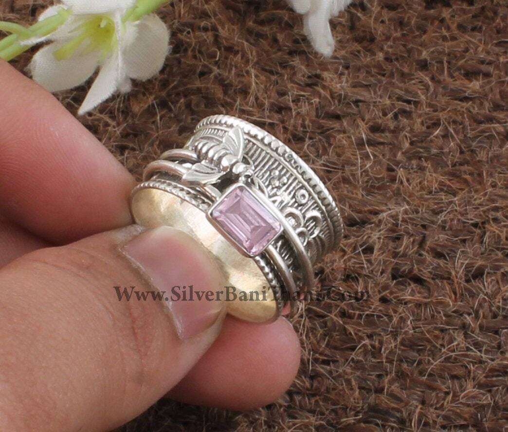 Pink Cubic Zirconia Silver Spinner Ring | 925 Sterling Silver Faceted Cut Zircon Spin Rings | Designer Hand Carved Honey Bee Silver Ring2022