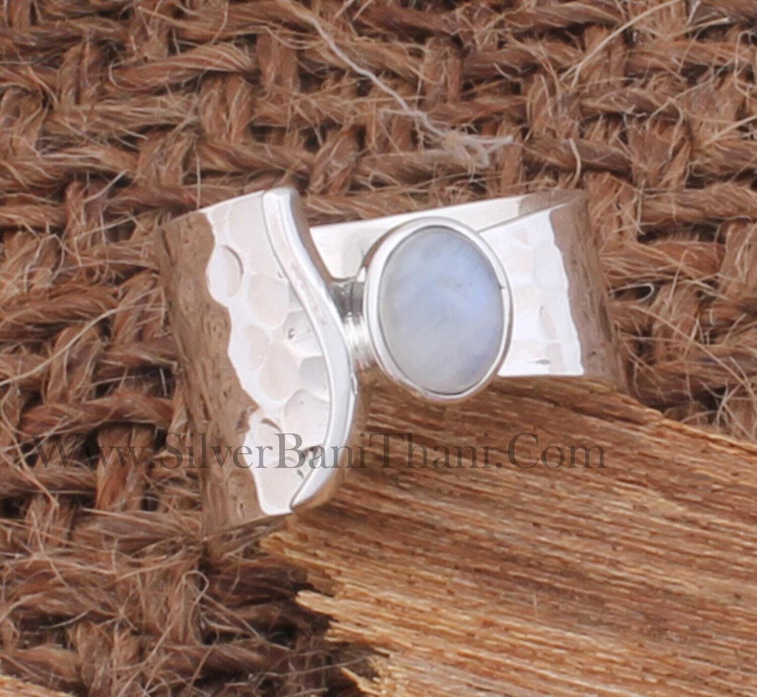 Fancy Rainbow Moonstone Solid 925 Sterling Silver Ring For Women | Handmade Oval Solid Silver Hammered Band Ring For Weddings Anniversary Gift