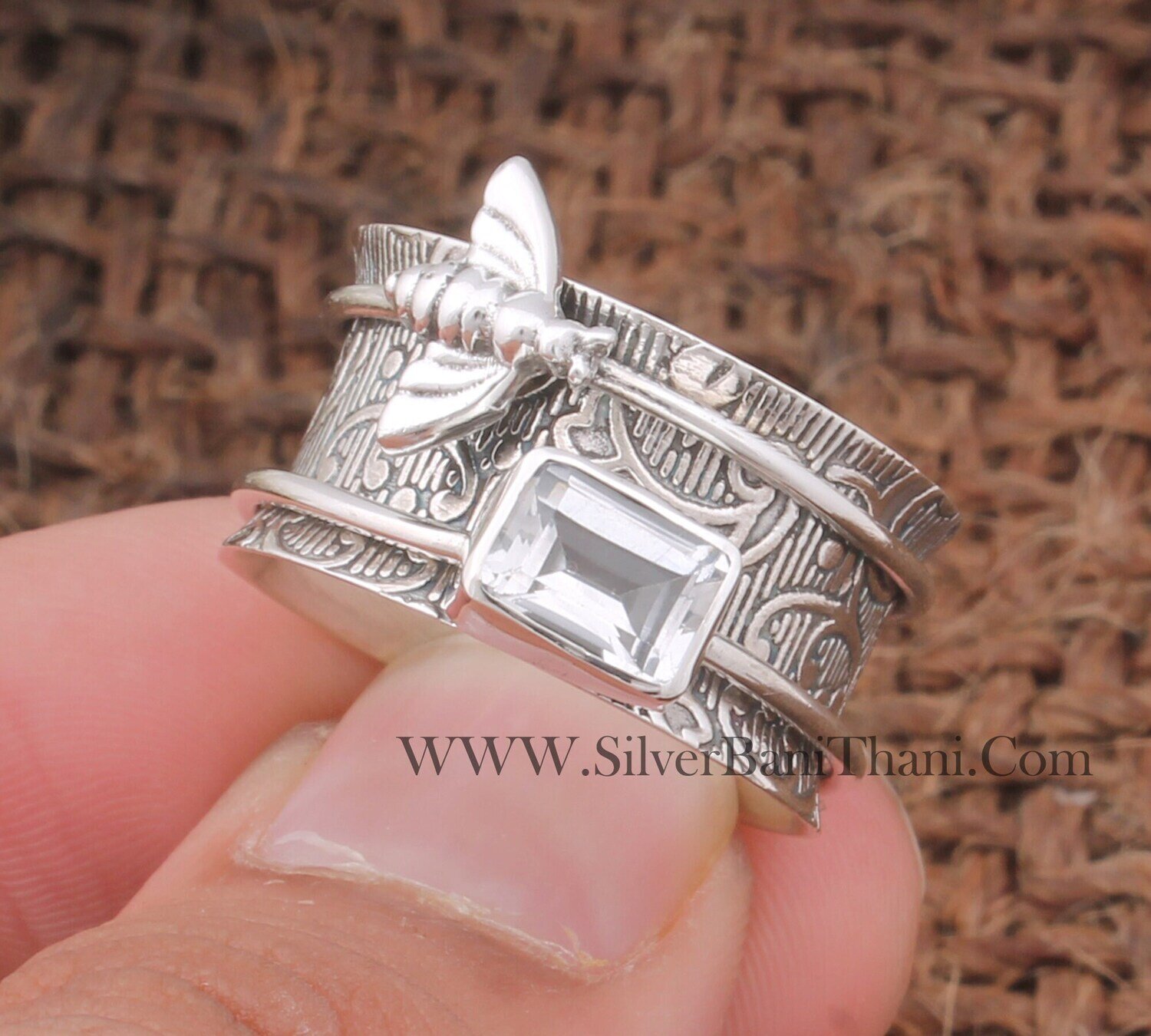 Crystal Quartz Silver Spinner Ring 925 Sterling Silver Faceted Cut Gemstone Spinner Rings Silver Bee Jewelry Hand Carved Honey Bee Ring Gift