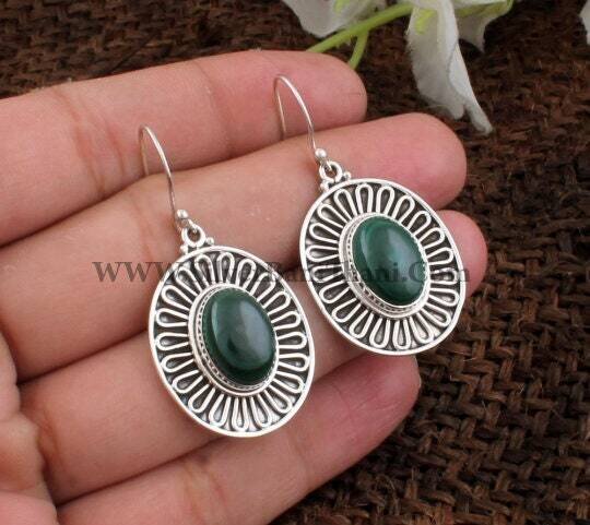 Leaf Natural Malachite Silver Earrings | 925 Sterling Solid Silver Earrings | Smooth Oval Shape Gemstone Flower Earrings | Christmas Gift | Gift For Her