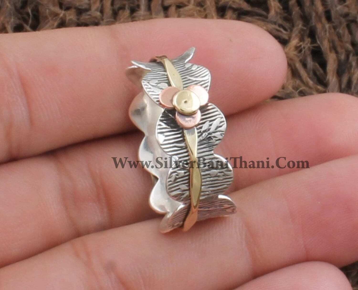 Hand Carved Band Three Tone Spinner Ring | 925 Sterling Silver &amp; Brass Floral Worry Ring | Present For Her Boho Wave | Thumb Ring Gift Idea