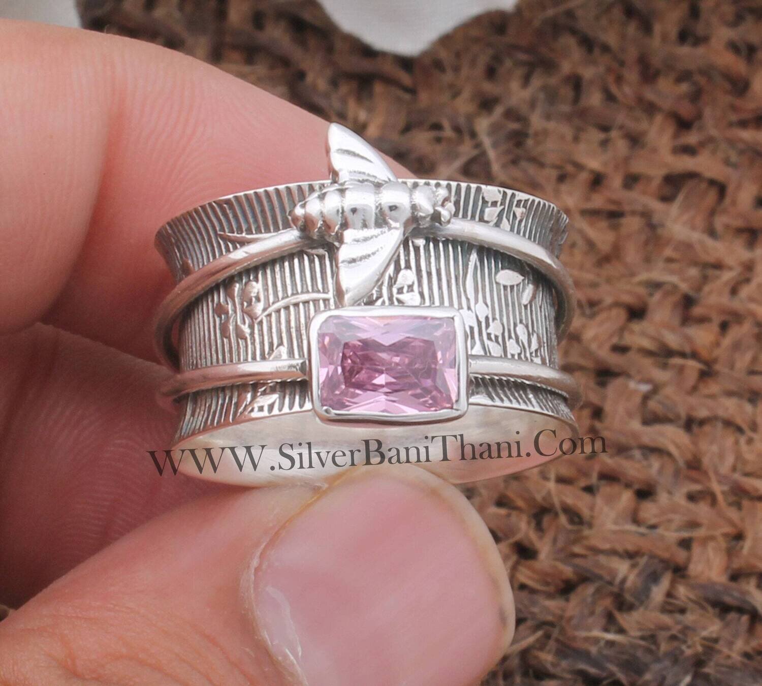 Pink Zircon Silver Spinner Ring 925 Sterling Silver Spinning Ring Textured Silver Band Fidget Ring Stress Ring Meditation Ring Spinner Ring