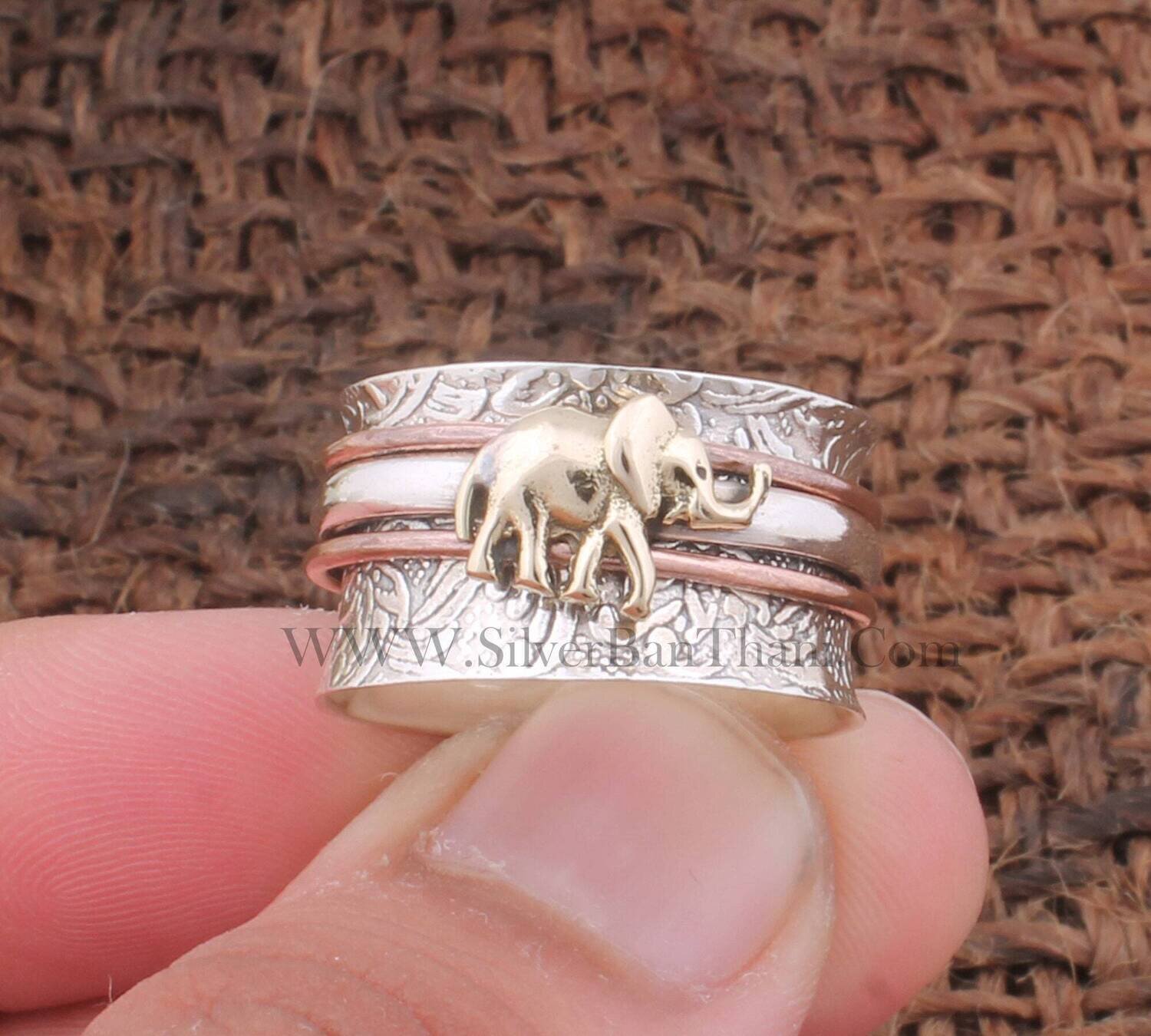 Elephant Solid 925 Sterling Silver Wide Band Spinner Ring For Women | Handmade Three Tone Fidget Anxiety Rings For Anniversary Gifts For Her