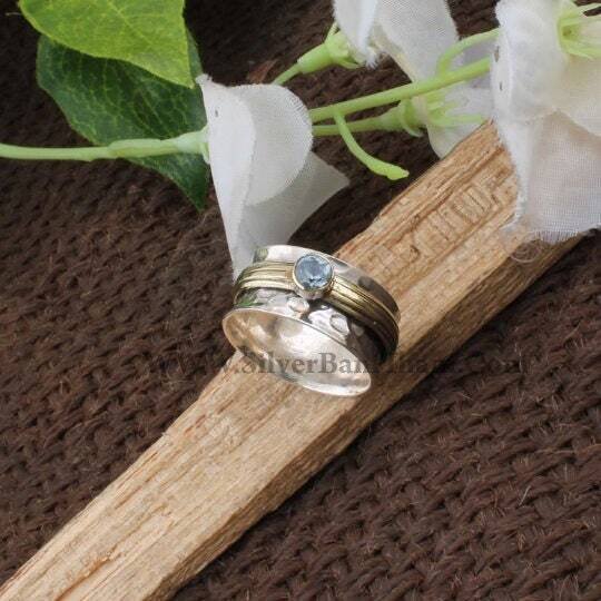 Blue Topaz Ring Spinner Ring 925 Sterling Silver Ring Blue Topaz Semi Precious Stone With Brass Tone Spinner Silver Band Ring Two Tone Ring