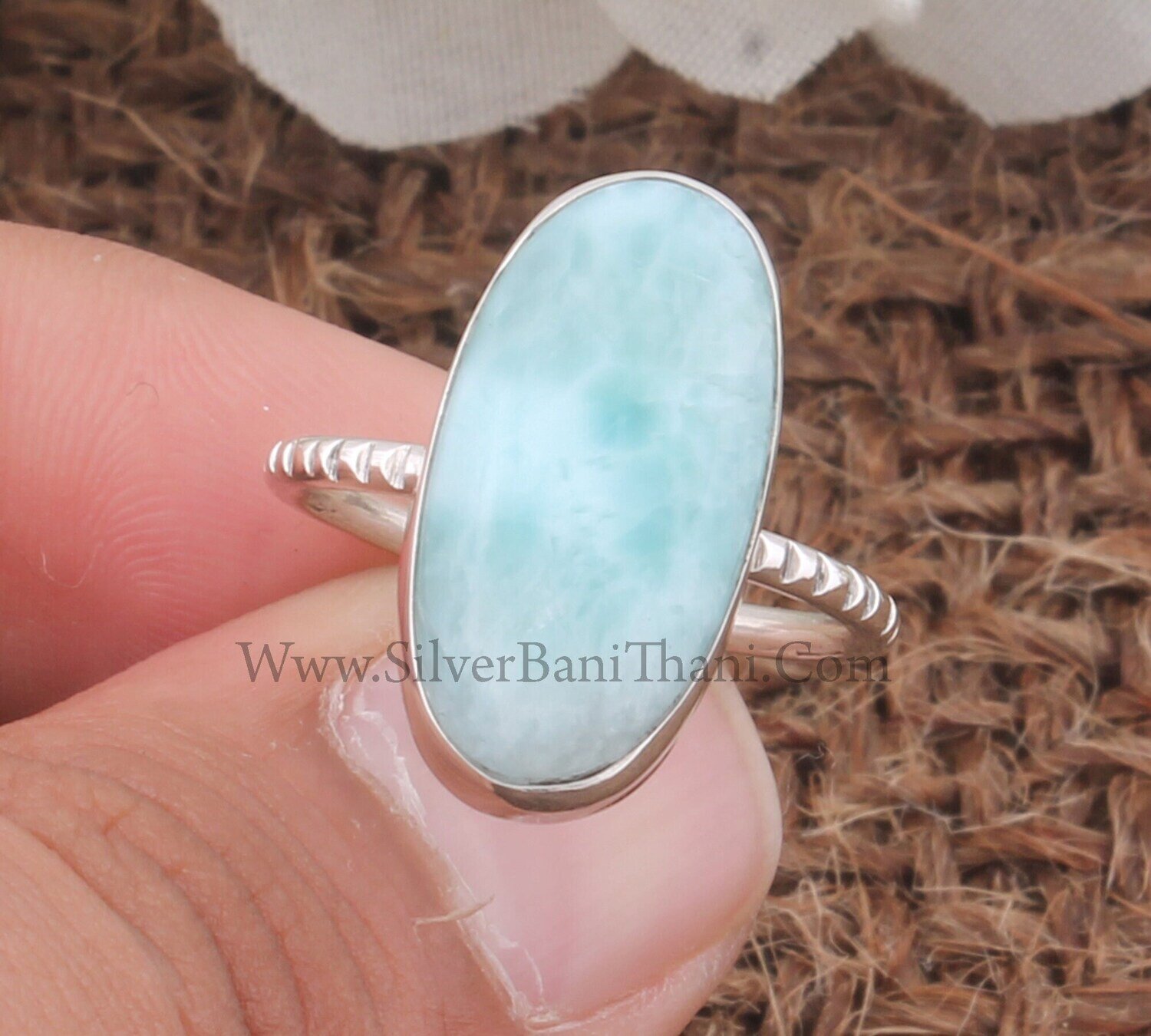 Textured Silver Ring Larimar Ring 925 Sterling Solid Silver Ring Oval Gemstone Ring Handmade Ring Everyday Jewelry March Birthstone Jewelry