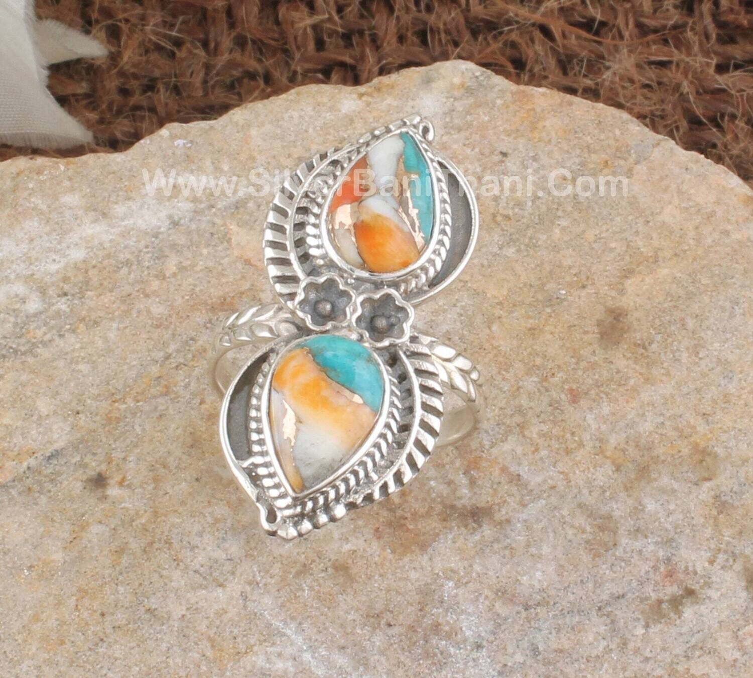 Oyster Copper Turquoise Silver Ring | Two Pear Shape Gemstone Ring | Handmade Carved Leaves Silver Ring |Women Wedding Jewelry Gift2022Etsy