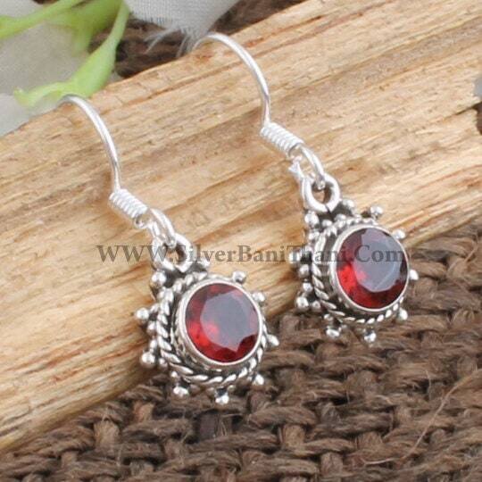 Red Garnet Gemstone Silver Earrings | 925 Sterling Silver Faceted Cut Round Stone Earrings | Designer Handmade Earring | Boho Jewelry | Gift