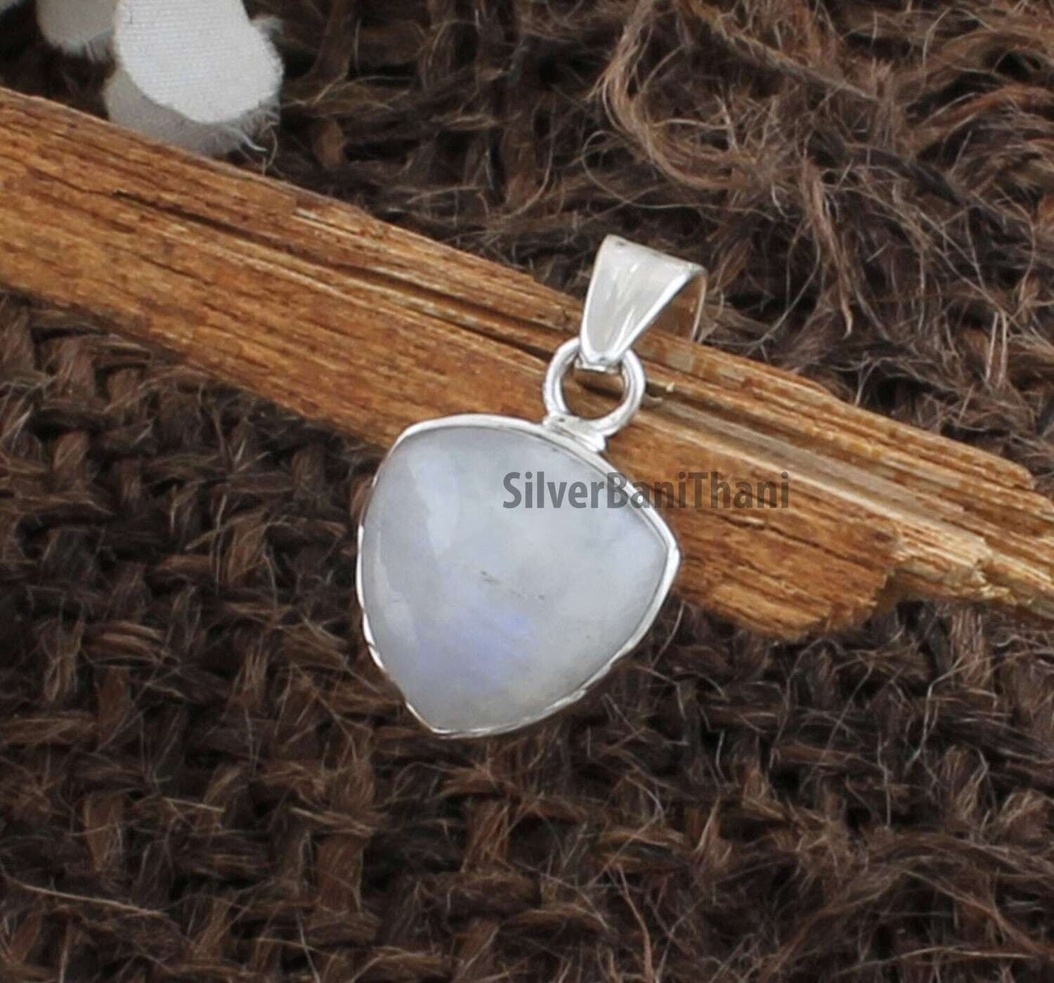 Rainbow Moonstone Pendant | 925 Sterling Silver Pendant | Trillion Shape Gemstone Necklace Pendant | Valentine's Day Gift | Wedding Jewelry