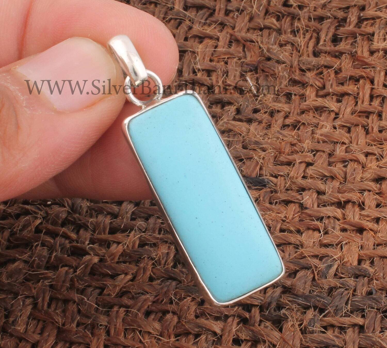 Turquoise Gemstone Silver Pendant | 925 Sterling Silver Rectangle Gemstone Pendant | Designer Handmade Bar Pendant | Girls Gift Jewelry2022